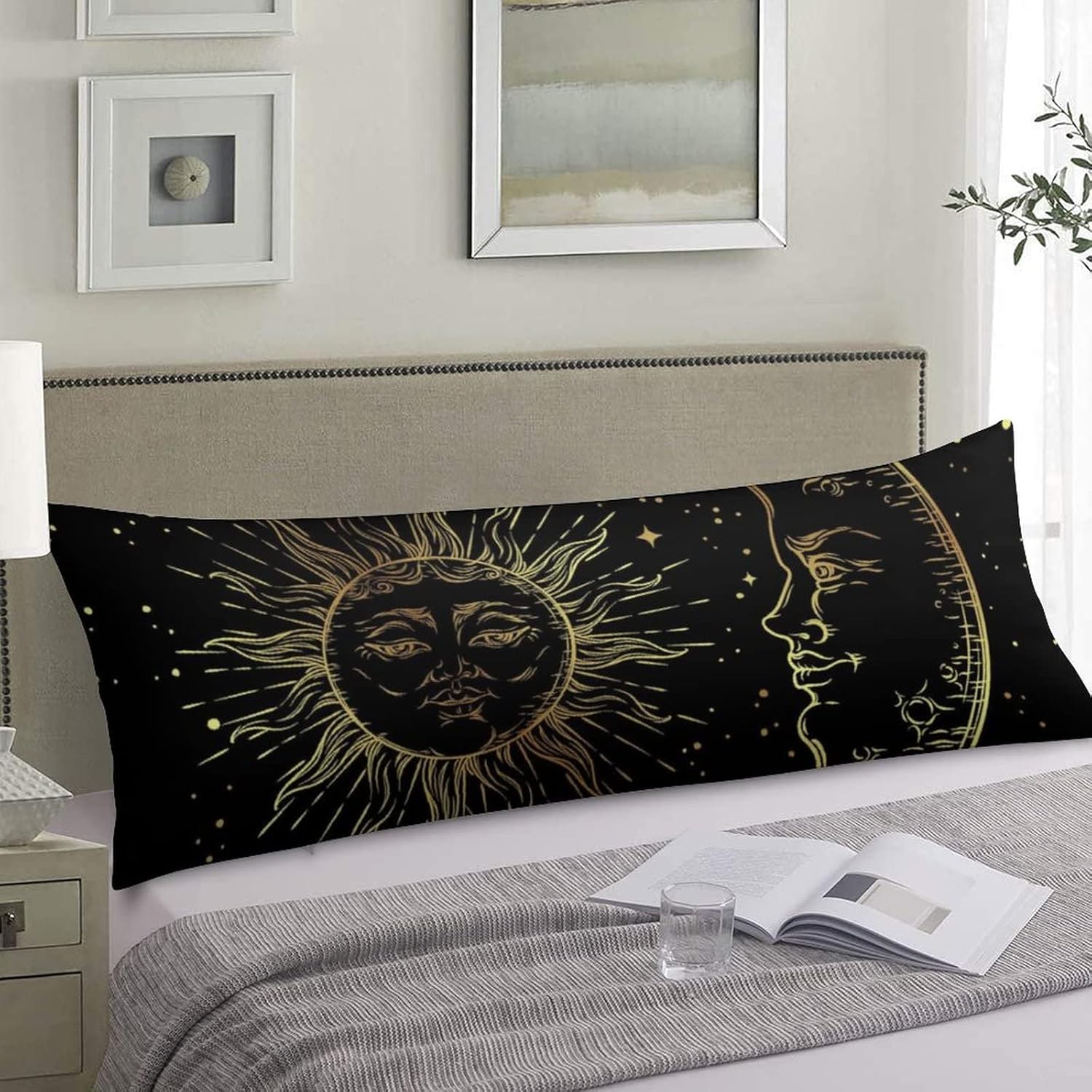 LynaRei Funda de almohada corporal de sol y luna dorada, funda de almohada larga con cremallera, color negro, rectangular, suave, grande, para el