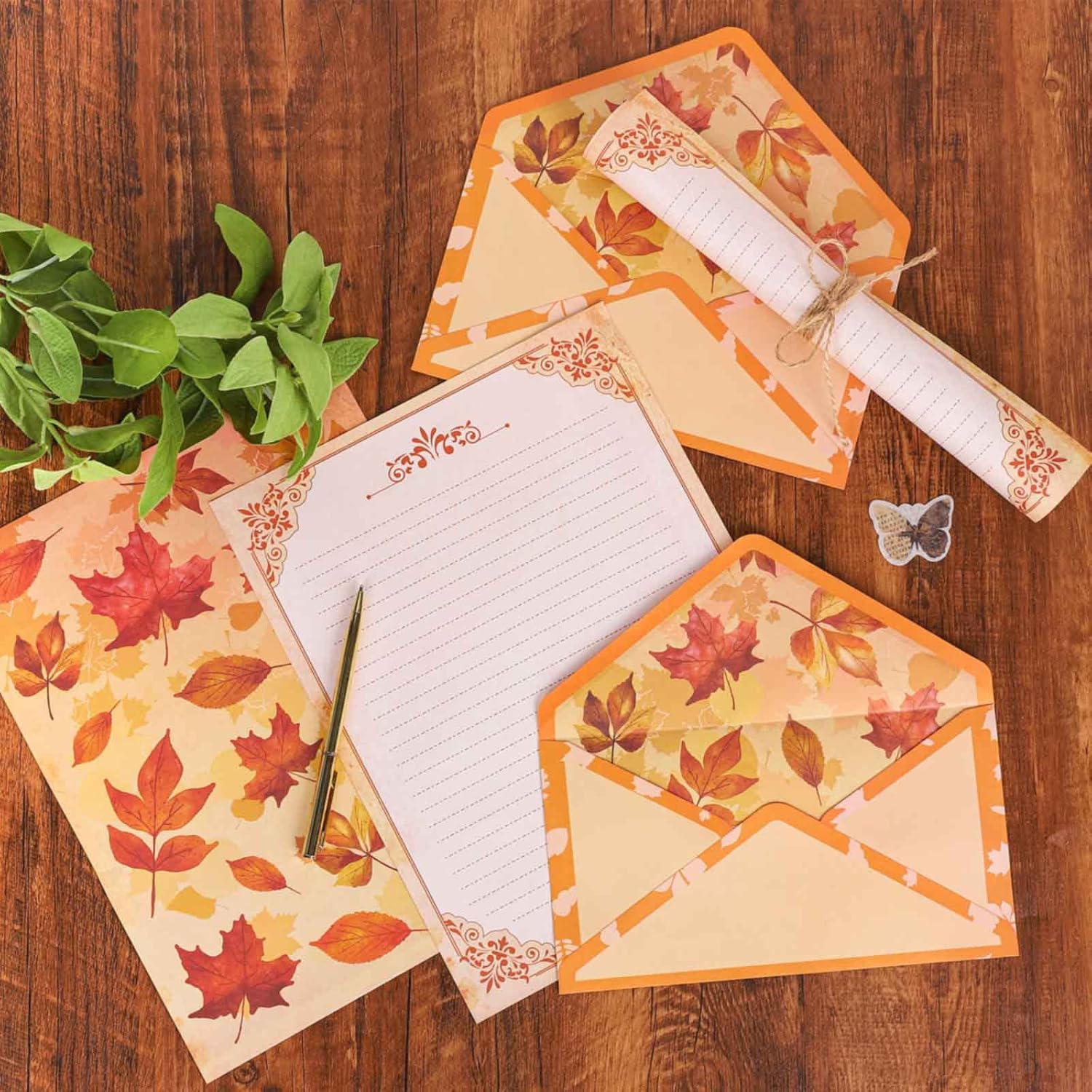 AnyDesign 48 piezas de papel de papelería de otoño con hojas de otoño y 24 piezas de sobres autosellantes, papel impreso en acuarela de Acción de