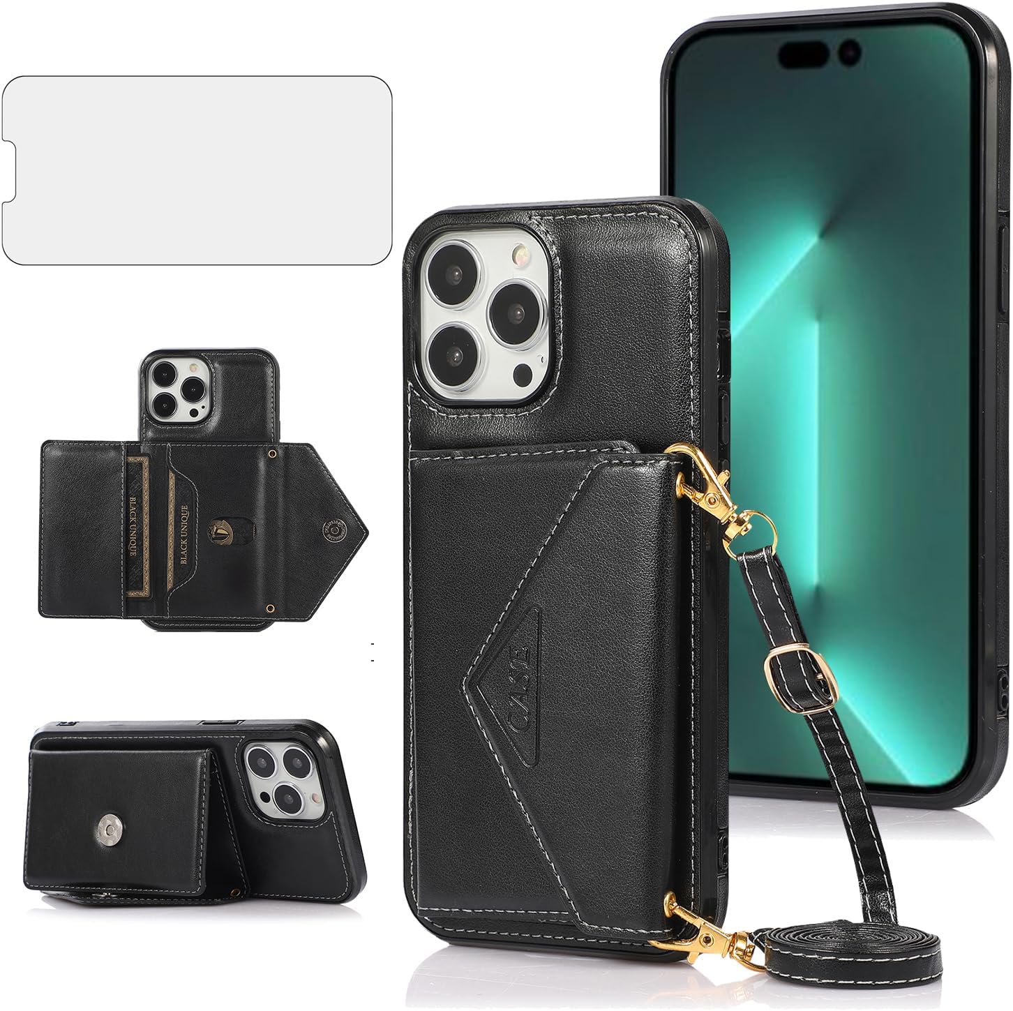 Asuwish Compatible con iPhone 14 Pro 6.1 pulgadas Crossbody Wallet Case y protector de pantalla de vidrio templado, soporte para tarjeta de crédito,