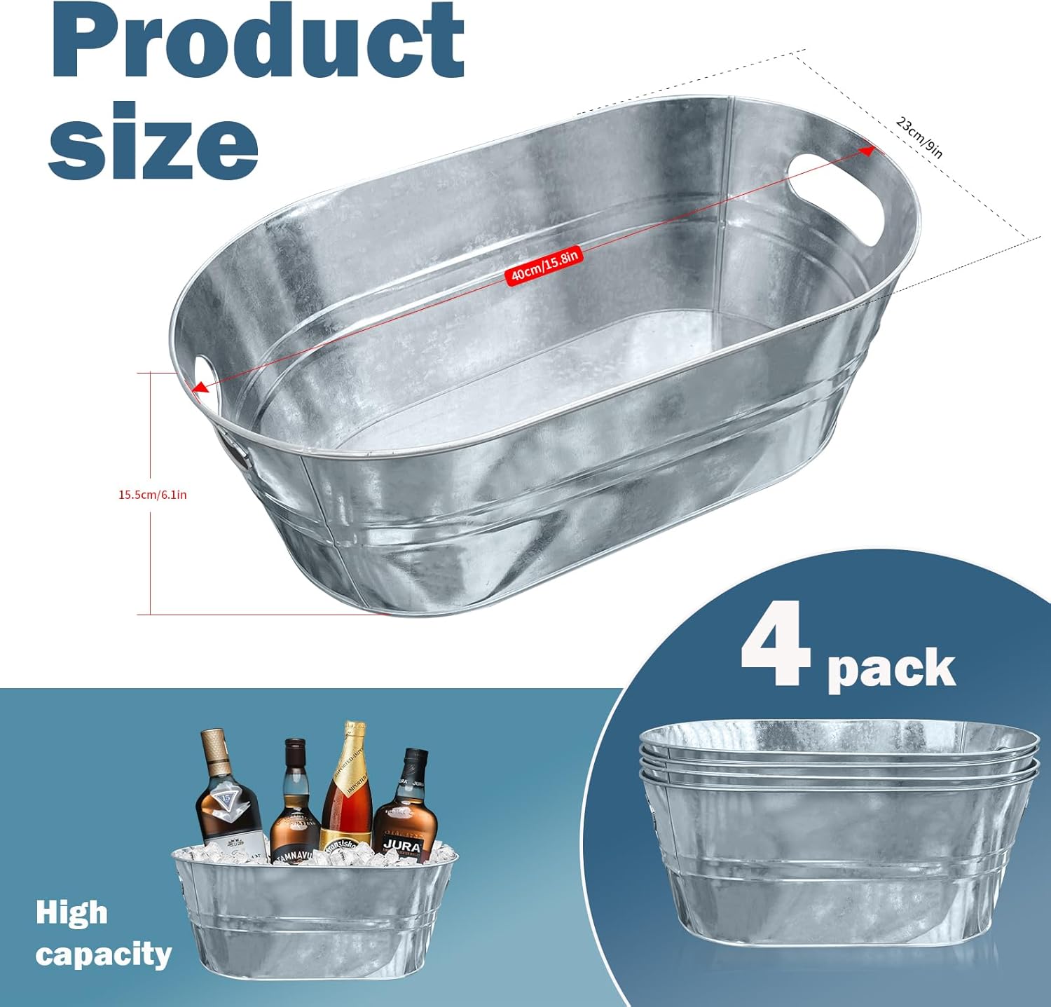 Tina galvanizada de 4 galones con almacenamiento de bebidas de cerveza de metal, 4 unidades, cubos de hielo galvanizados para fiestas