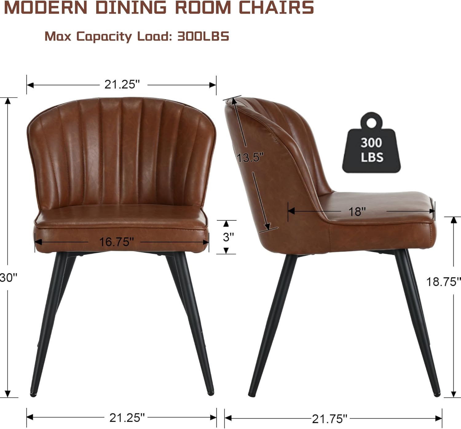 Shuizhi – Juego de 2 sillas de comedor de cuero marrón modernas, sillas de comedor tapizadas con respaldo de conchapatas de metal, sillas laterales