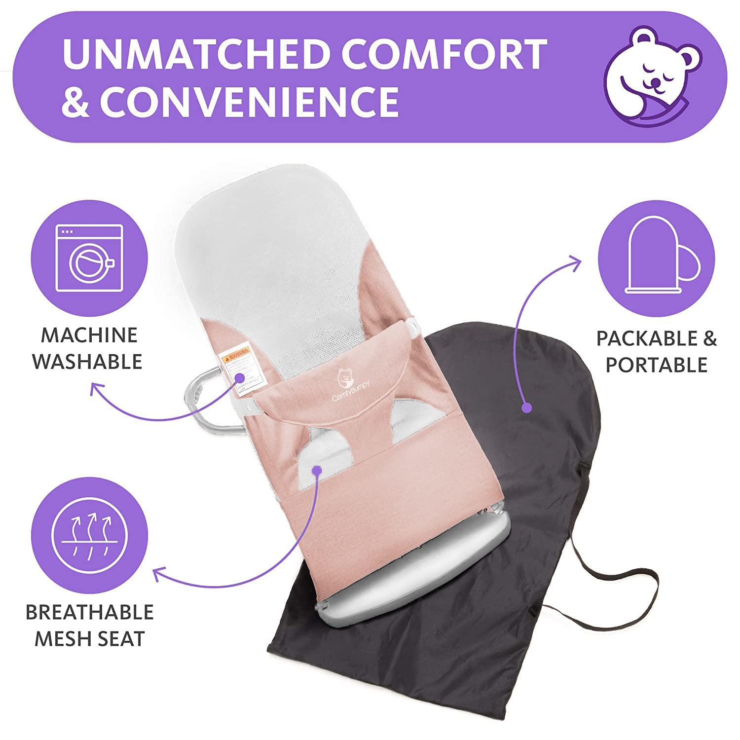 ComfyBumpy Asiento ergonómico para bebé, funda de transporte de viaje adicional, silla inflable segura y portátil con posiciones de altura