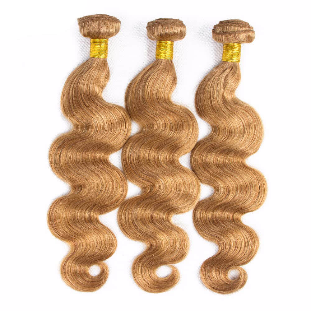 Color 27 – Manojos de cabello humano rubio miel, paquetes de cabello Remy virgen brasileño, 3 paquetes de 12, 14, 16 pulgadas, extensiones de