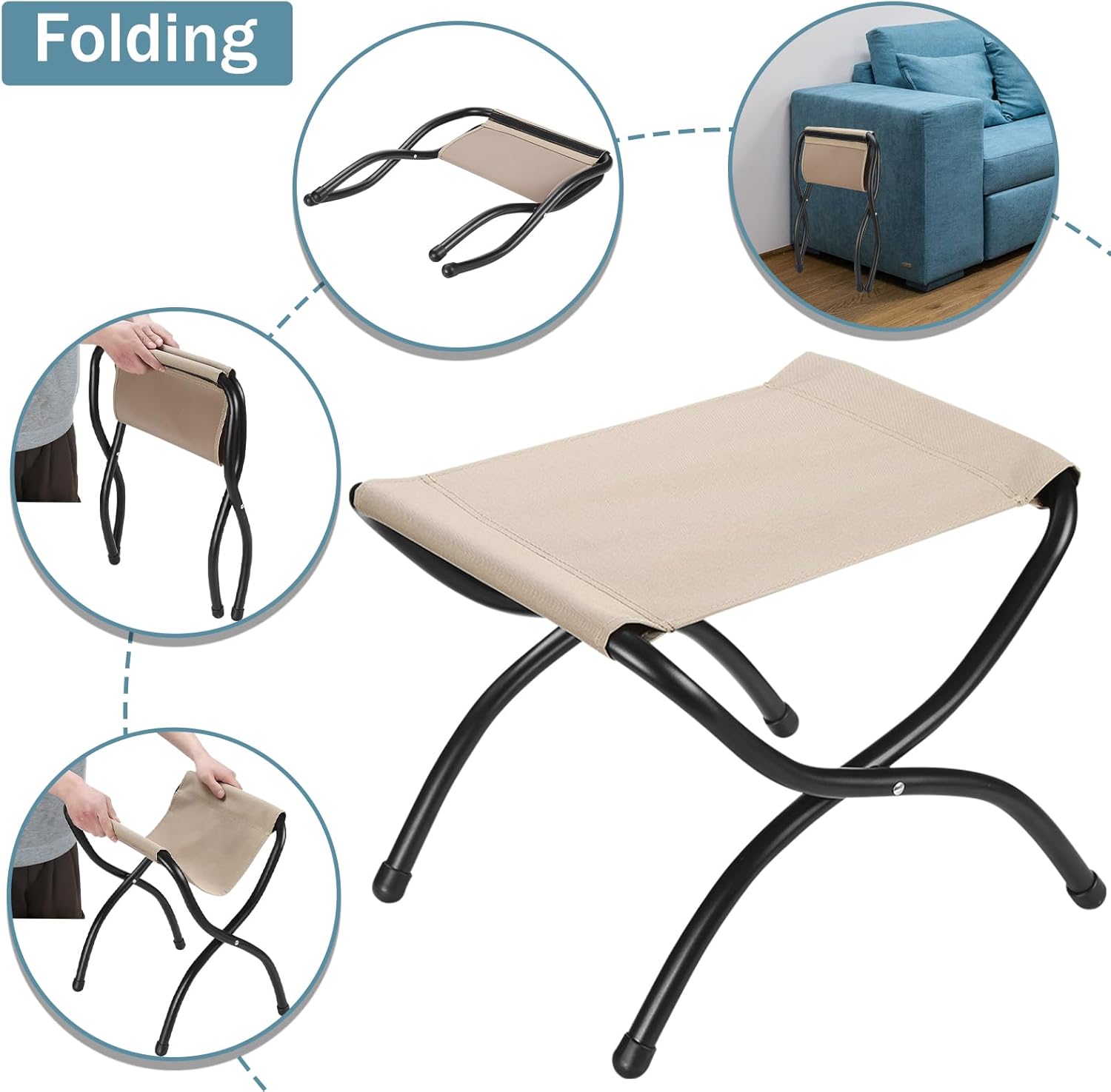 Taburete plegable de 15 pulgadas, reposapiés de acento pequeño, elegante otomana plegable con marco de metal, reposapiés plegable tapizado Morden