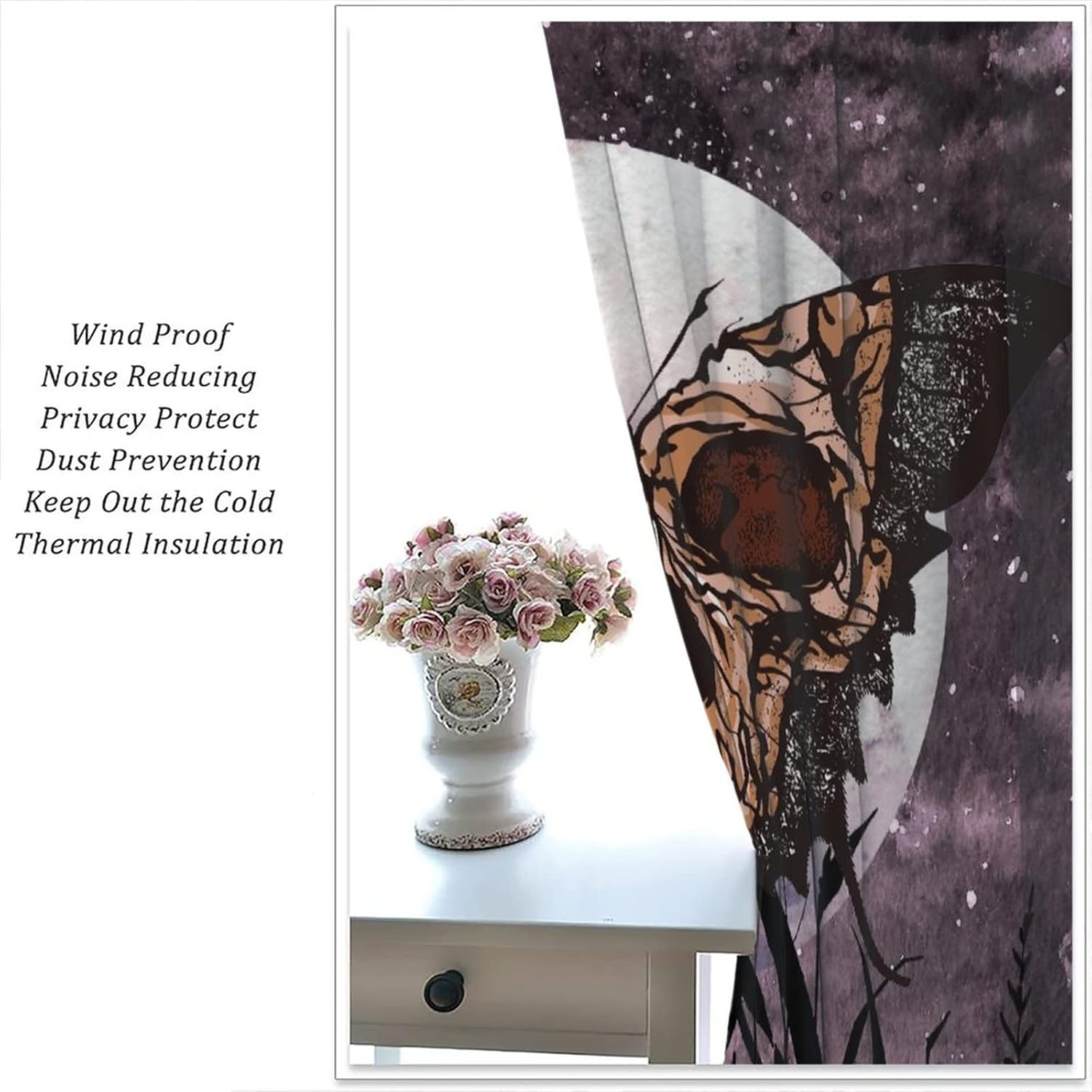 Cortinas de polilla de la muerte, cortinas bohemias góticas de calavera, fantástica decoración de fondo de luna llena, plantas estrelladas moradas,