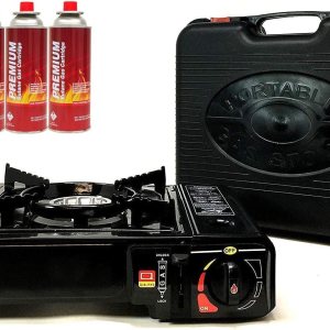 Estufa de gas butano portátil y paquete de 4 recipientes de butano con estuche de transporte, encendido electrónico de cuerpo de acero inoxidable Estufa de gas butano portátil y paquete de 4 recipientes de butano con estuche de transporte, encendido electrónico de cuerpo de acero inoxidable