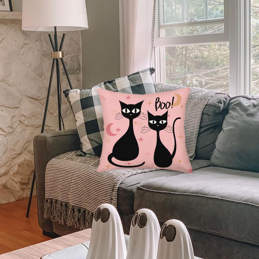 Juego de 4 fundas de almohada rosas con diseño de gatos negros, arañas abucheantes, fantasmas, murciélagos, luna, calabaza, lunares, vacaciones,