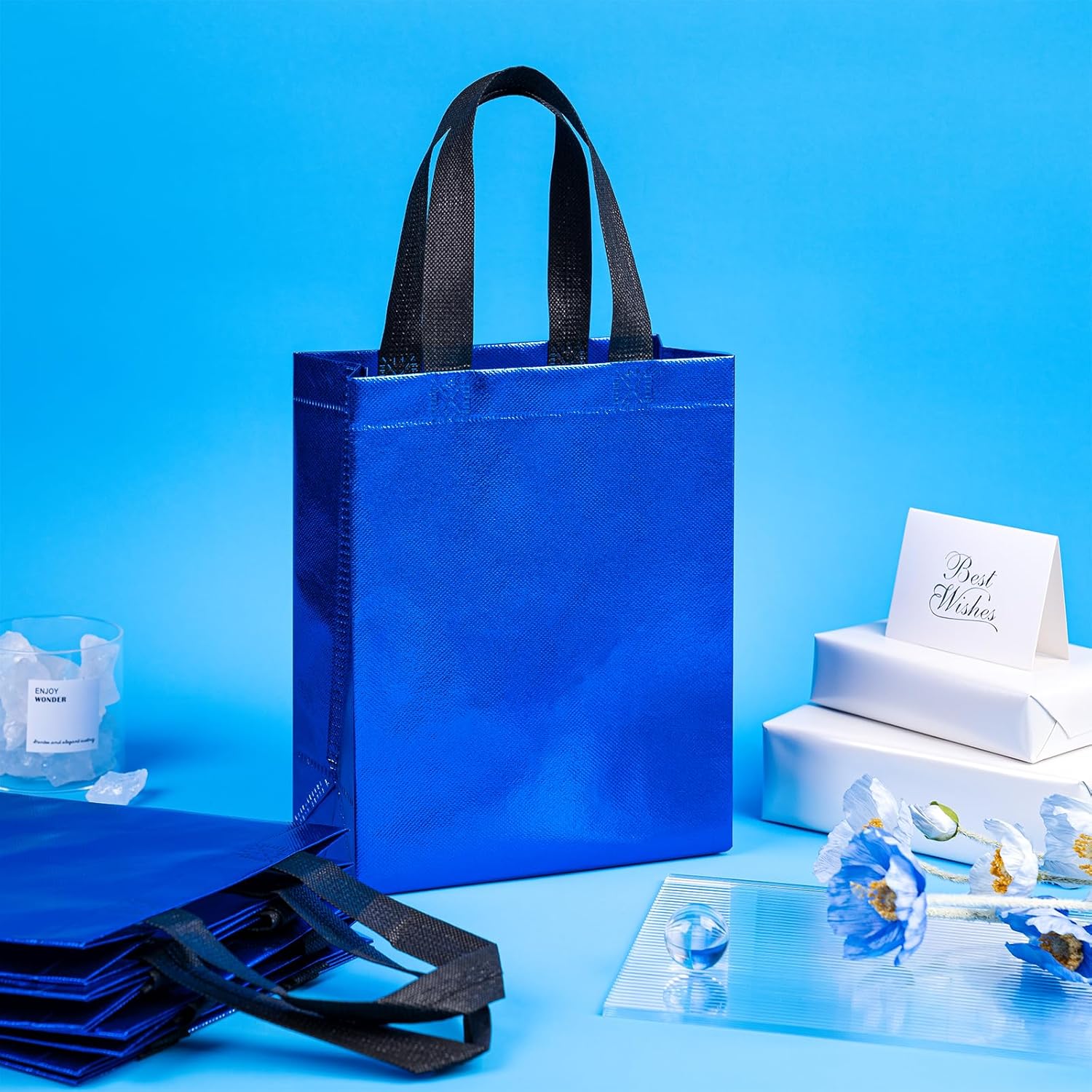 WRAPAHOLIC Bolsa de regalo azul reutilizable con asas, paquete de 12 unidades, tamaño mediano de 8 x 4 x 10 pulgadas, perfecta para bolsas de regalo