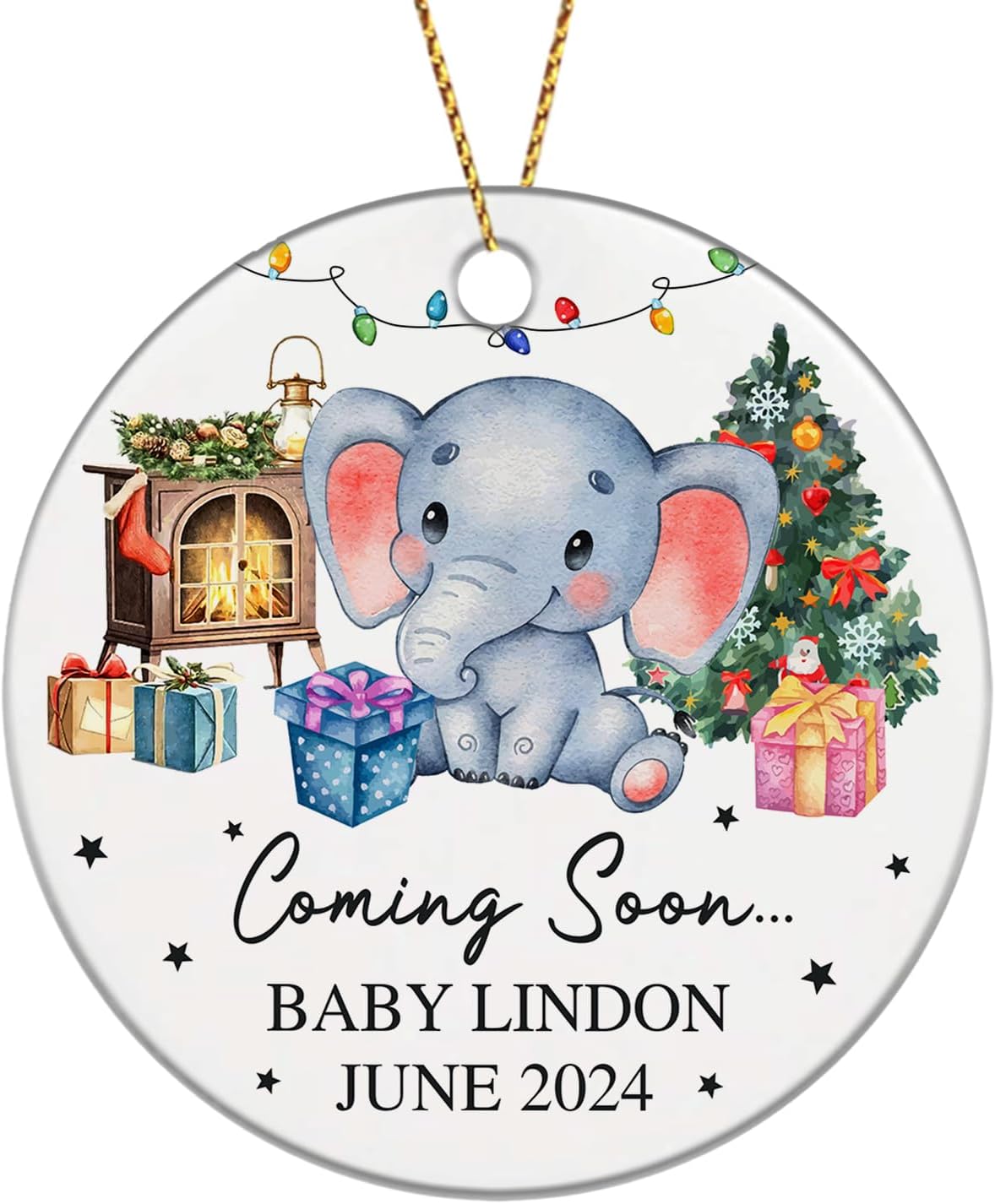 Coming Soon – Adorno de Navidad 2023 para bebé, nombre de bebé personalizado y fecha, elefante bebé con caja de regalo, adorno de árbol de Navidad,