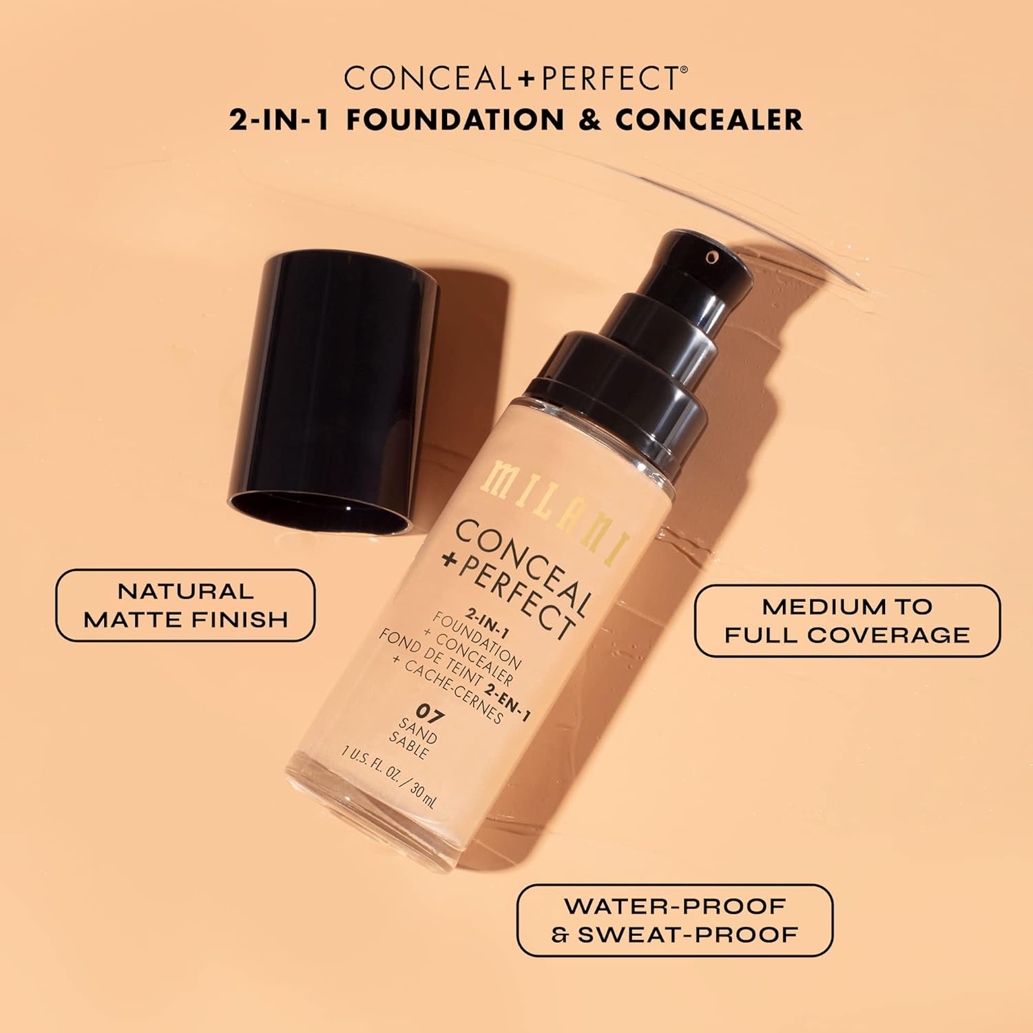 Milani – Conceal + Perfect 2 en 1, Base + Corrector (1 onza fluida) – Base líquida libre de crueldad animal Cubre ojeras, manchas y decoloración de