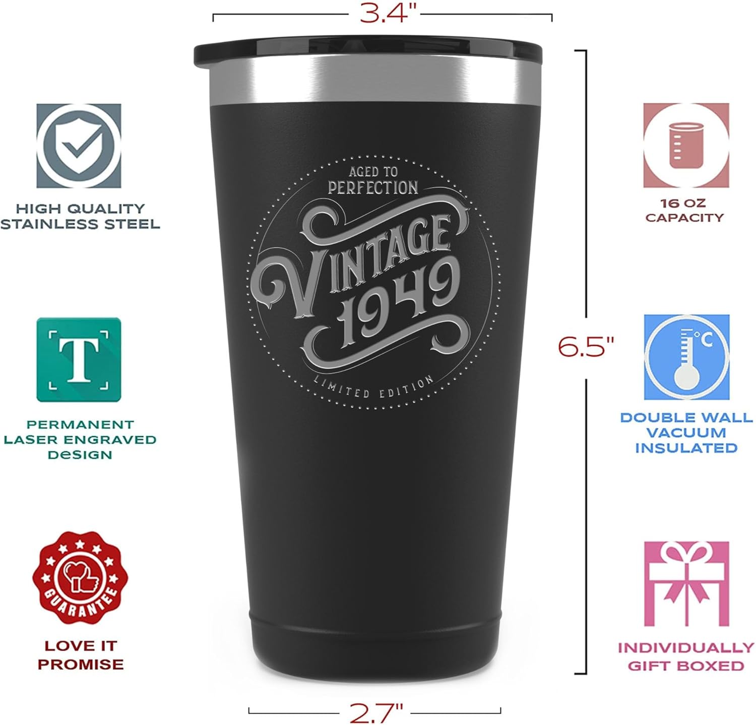 Regalos de cumpleaños número 75 para hombres y mujeres, vaso de café de estilo vintage 1949 con tapa, taza de café de regalo para cumpleaños 75 para