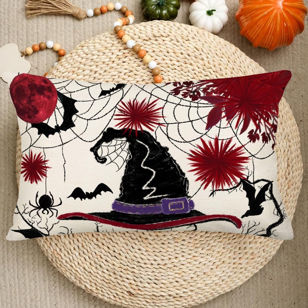 Fundas de almohada con sombrero de bruja de Halloween de 12 x 20 pulgadas, diseño floral rojo y negro, tela de araña, decoración de Halloween,
