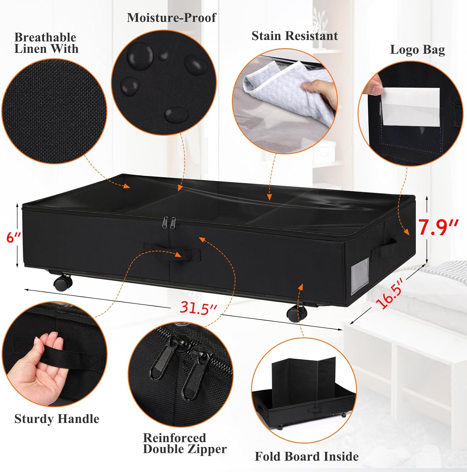 punemi Almacenamiento debajo de la cama con ruedas y divisores ajustables, 31.5 x 17 x 7.9 pulgadas de alto debajo de la cama 50L con ventana