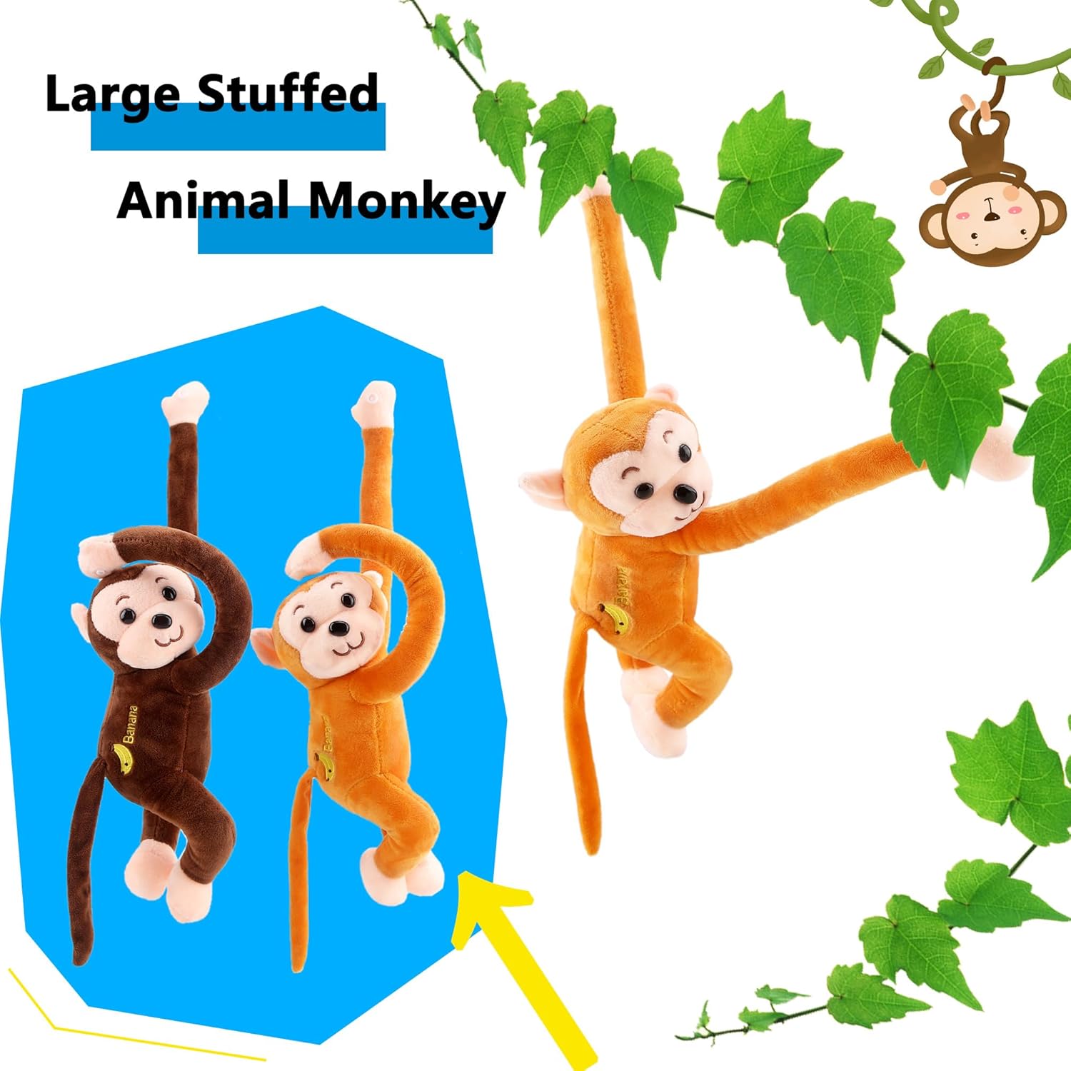 Paquete de 20 monos de peluche colgantes de 18 pulgadas, a granel, realista, lindo mono colgante de felpa para fiesta de animales, Navidad, Pascua,