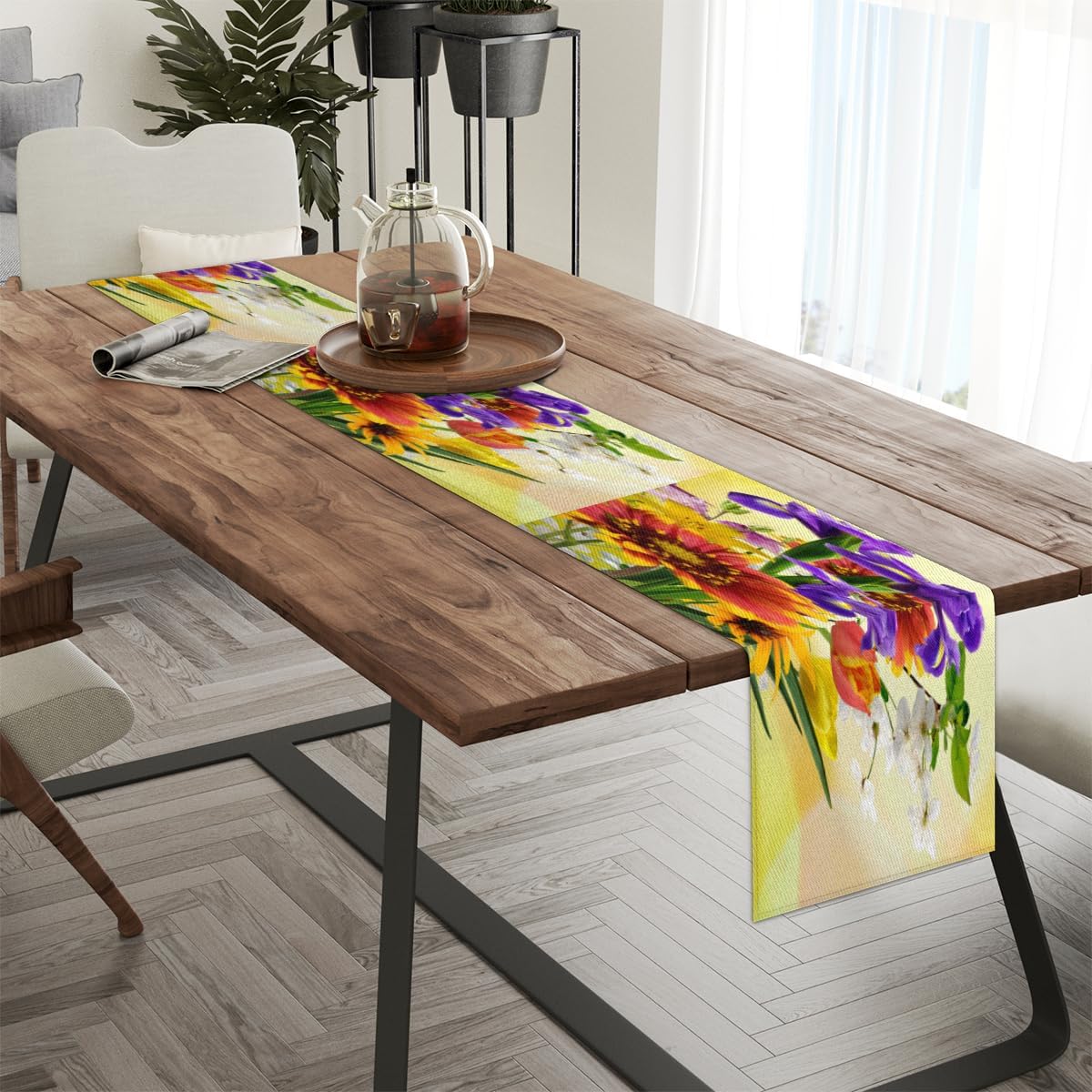 Table Runner Summer Floral Flowers Bouquet, Rustic Linen Table Cloth for Farmhouse Kitchen, Dinner, Events, Party, Holiday Table Decor 13 x 36 Inches