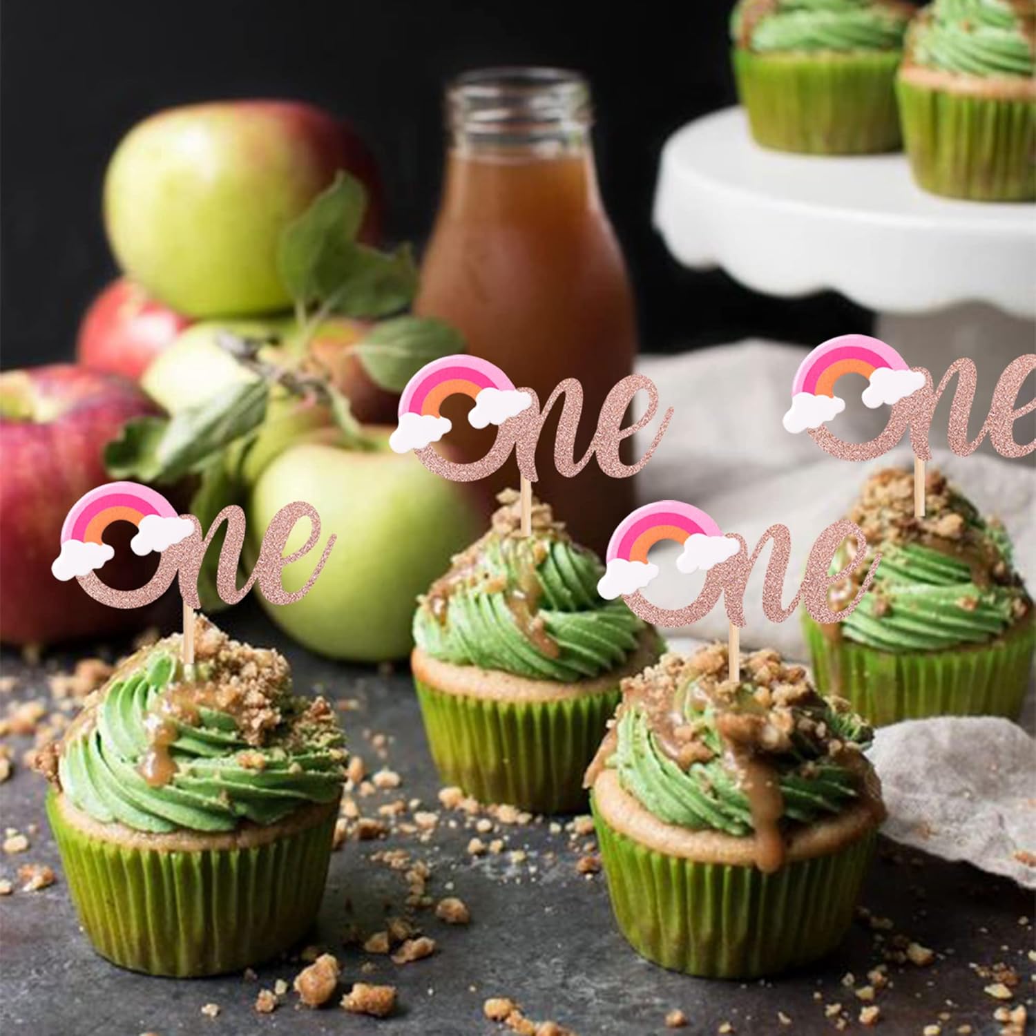 Paquete de 24 adornos para cupcakes de arcoíris con purpurina para el primer cumpleaños, decoración para baby shower, niñas, niños, fiesta de primer