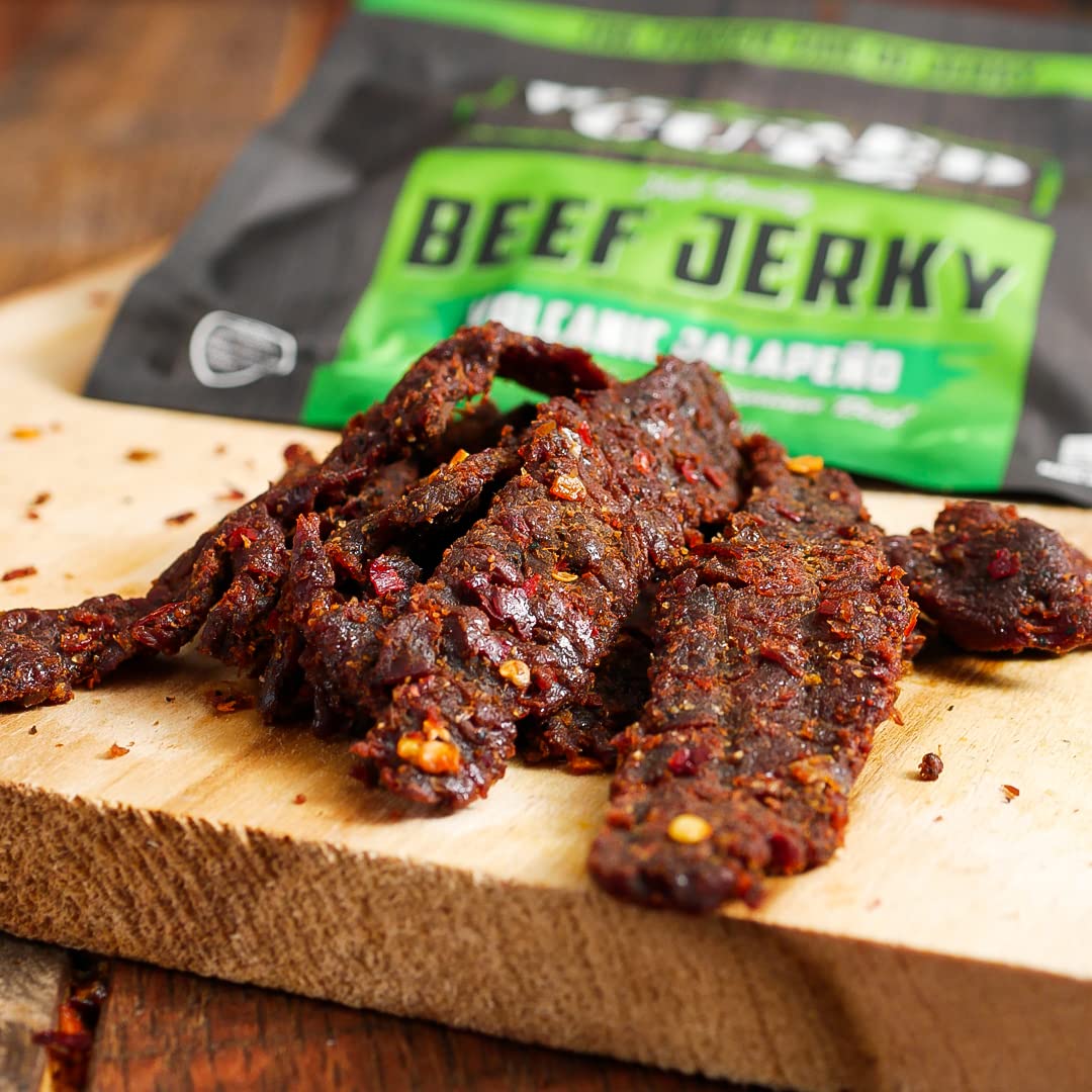 Carne seca picante de jalapeño volcánica  Tierna, sabrosa, fácil de masticar, cecina premium con 0.77 oz de proteína por bolsa, aperitivos altos en