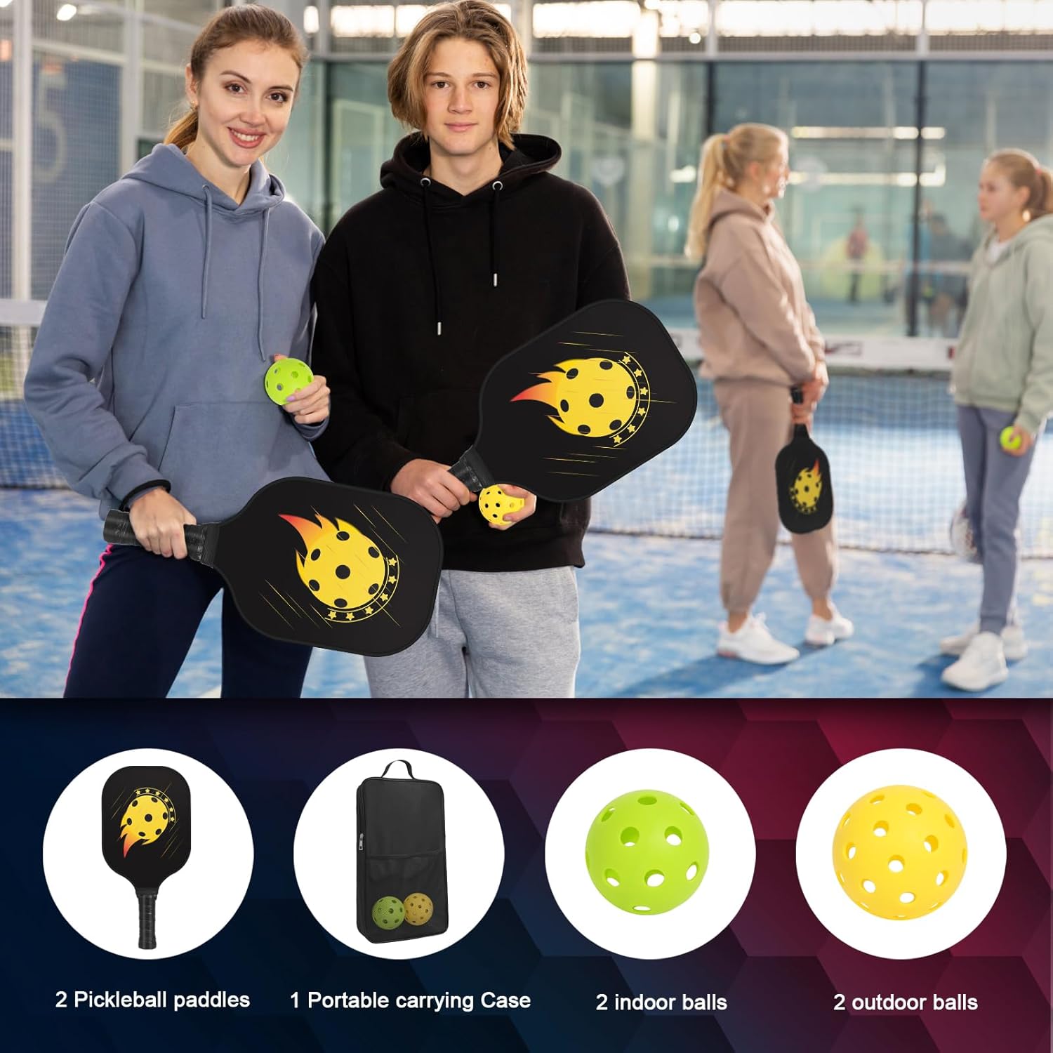 Juego de palas de pickleball  2 paletas de fibra de vidrio, 4 bolas, bolsa de transporte  Juego de paletas de pepinillo compatible con USAPA,