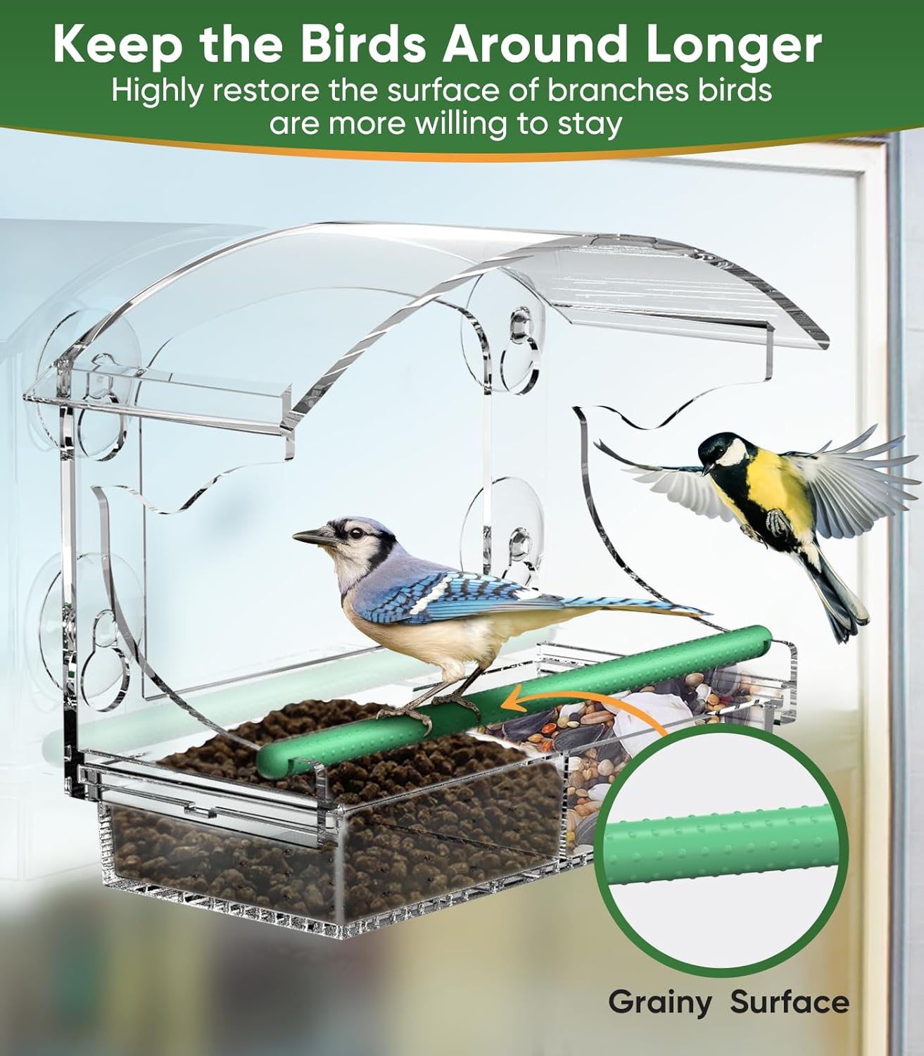 Comedero para pájaros con 4 ventosas fuertes, comedero para pájaros de ventana transparente para exteriores, casa de pájaros de acrílico para