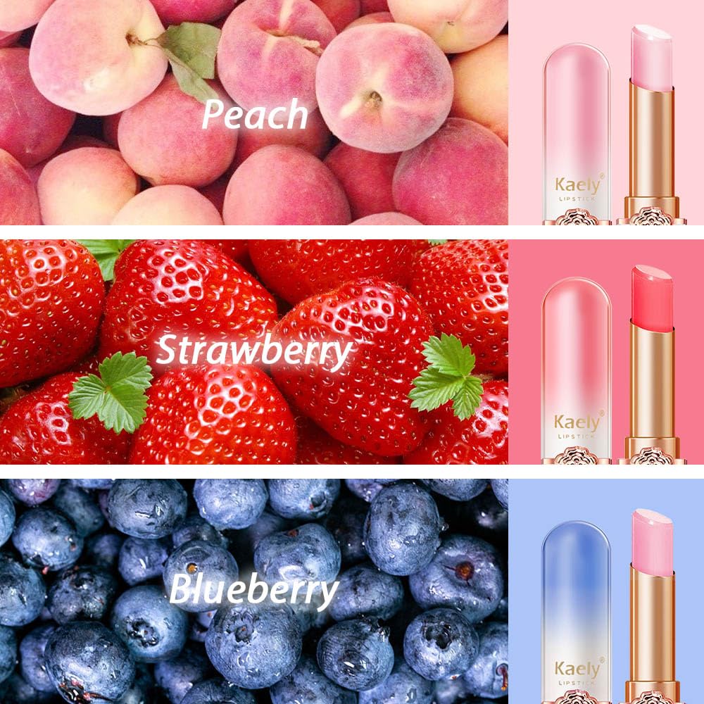 Kaely Bálsamo labial teñido de 3 piezas, color melocotón, fresa, arándano, juegos de maquillaje que cambian de color, labios más voluminosos, cambio