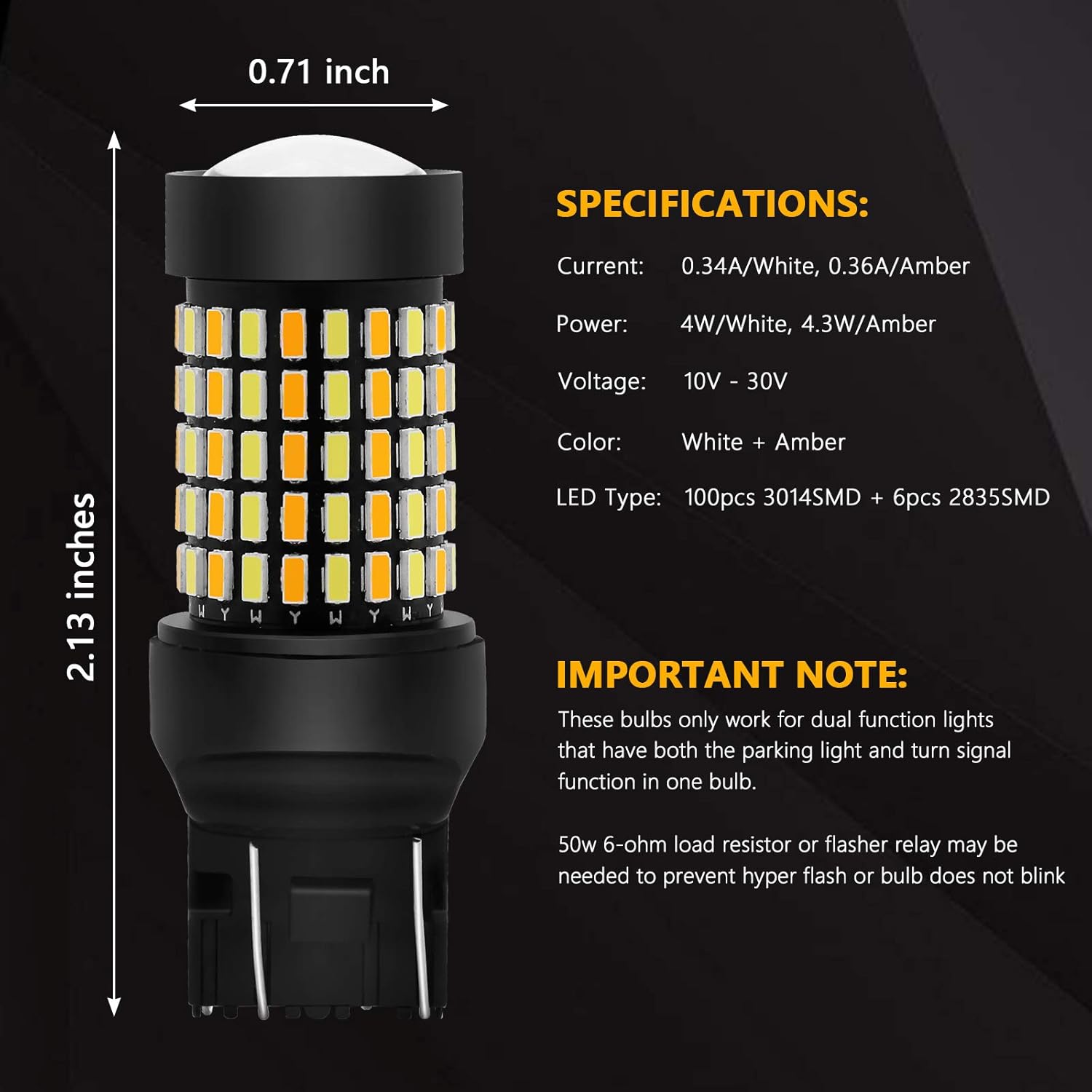 PHINLION Bombillas LED de doble color ámbar blanco superbrillante Switchback 7443 7443na 7444 7444na con proyector para luces de estacionamiento