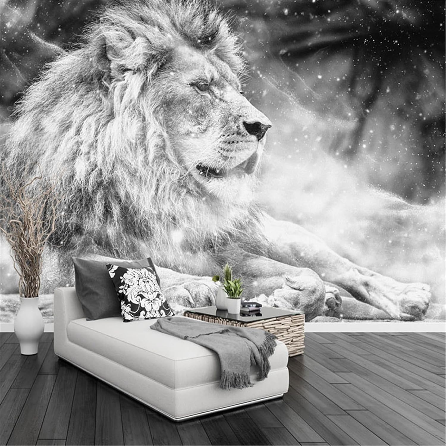 Murales de pared grandes 3D de león blanco y negro, papel tapiz mural personalizado de cualquier tamaño, calcomanías de pared 3D, duraderas e