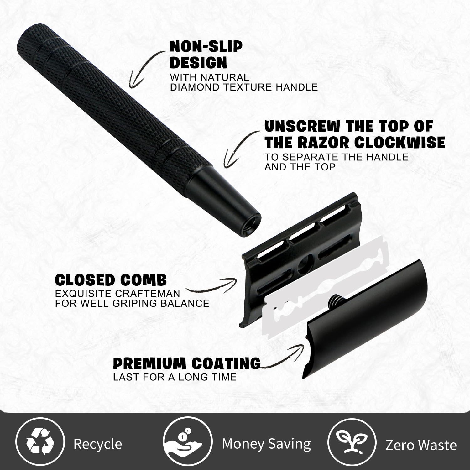 Maquinilla de afeitar de seguridad de doble filo negro mate con soporte para hombres, maquinilla de afeitar DE de metal reutilizable con 10