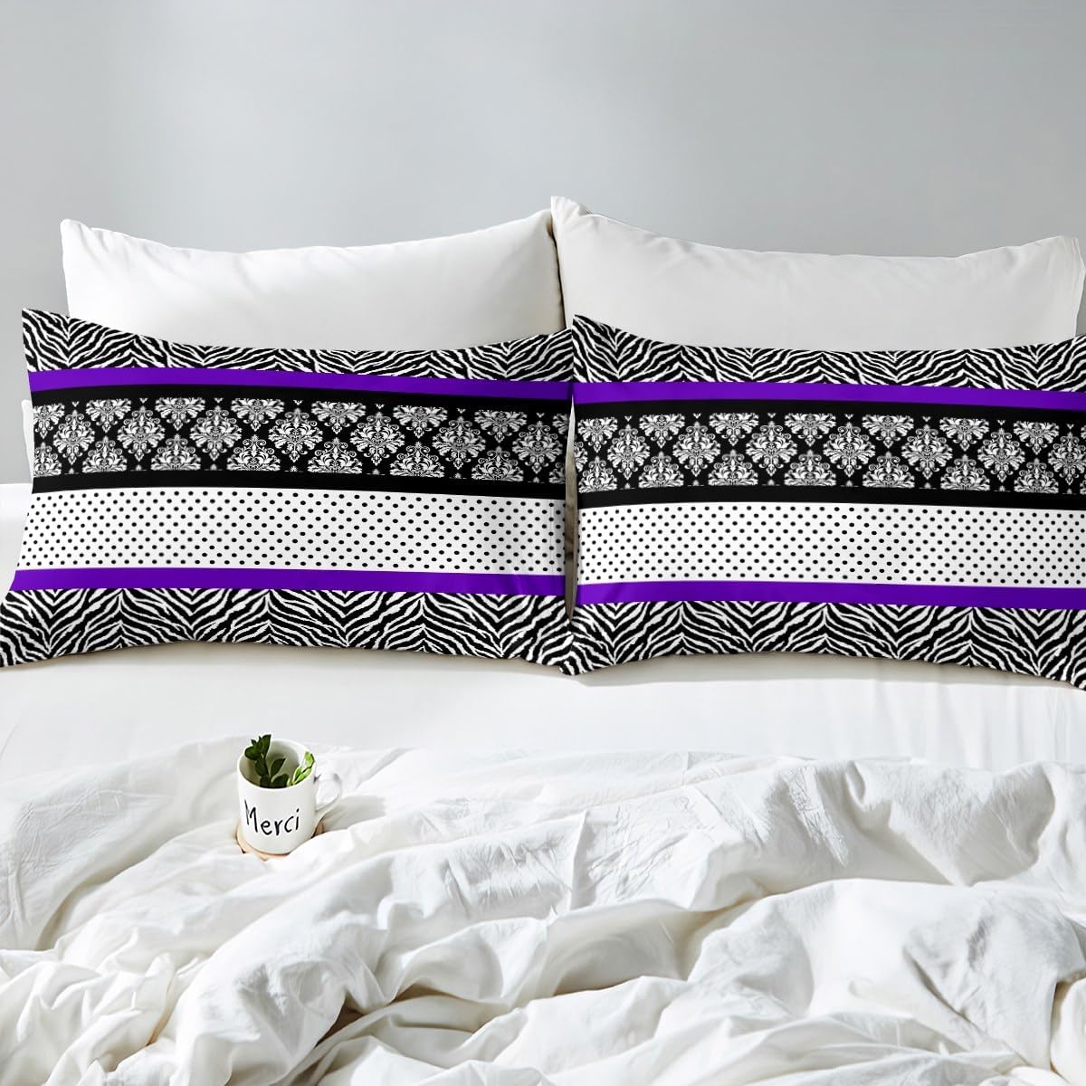 Juego de sábanas con estampado abstracto de cebra, tamaño King, para niños, adolescentes, diseño de retazos de flores, rayas, negro, blanco, morado,