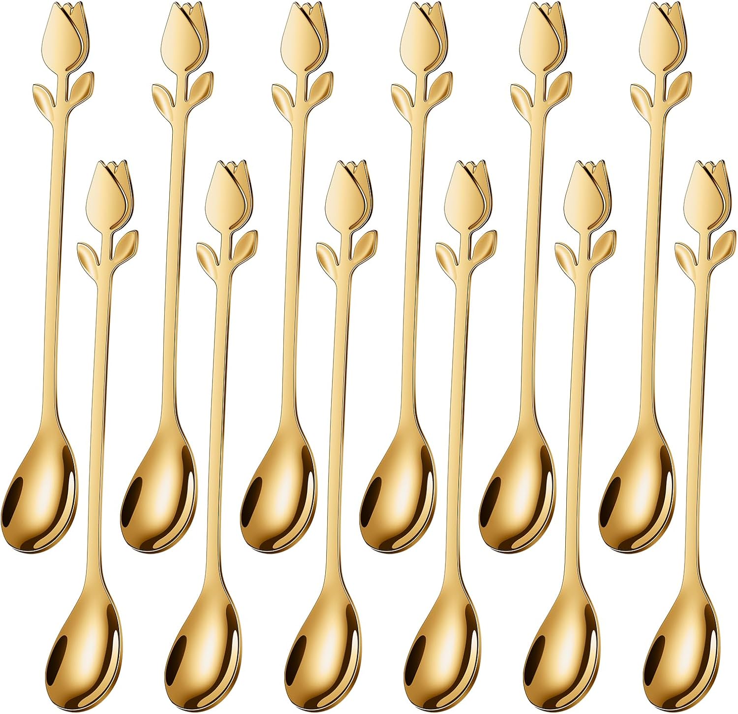 Cucharas de café pequeñas con mango de tulipán de 6 pulgadas, juego de 12 cucharaditas doradas de acero inoxidable, cucharas de postre elegantes y