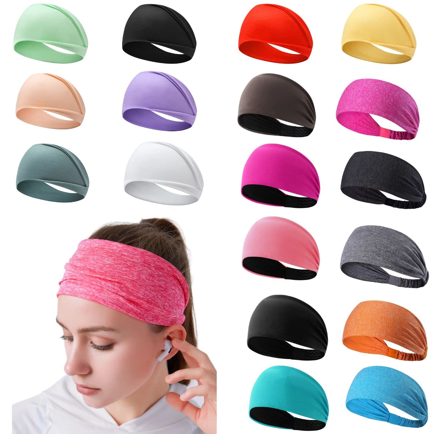 Paquete de 18 diademas para mujer, bandas anchas antideslizantes para el cabello, para entrenamiento, correr, turbante, elástico para yoga