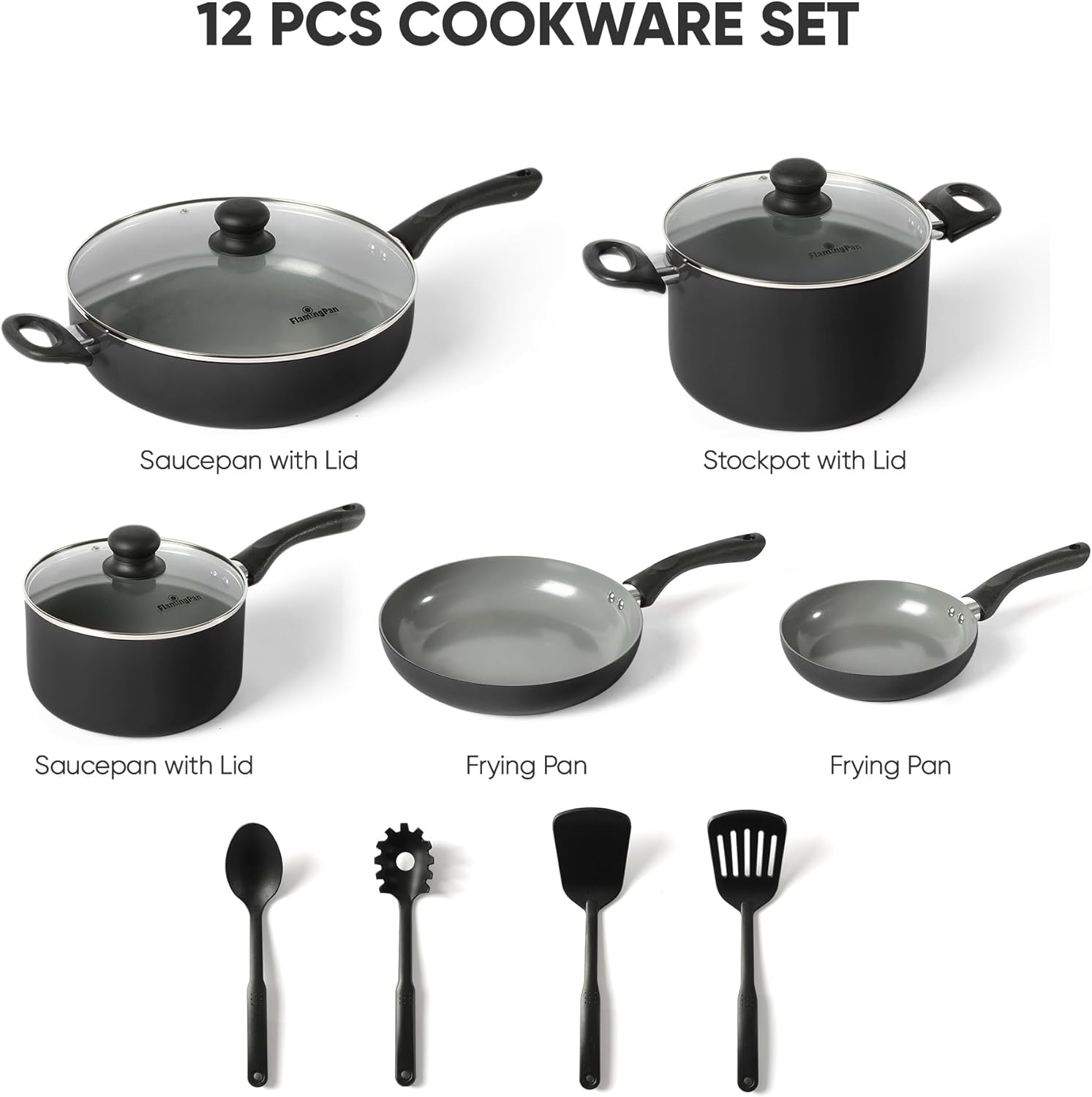 Flamingpan Juego de ollas y sartenes antiadherentes de 12 piezas, utensilios de cocina con revestimiento de cerámica, aptos para lavavajillas, juego