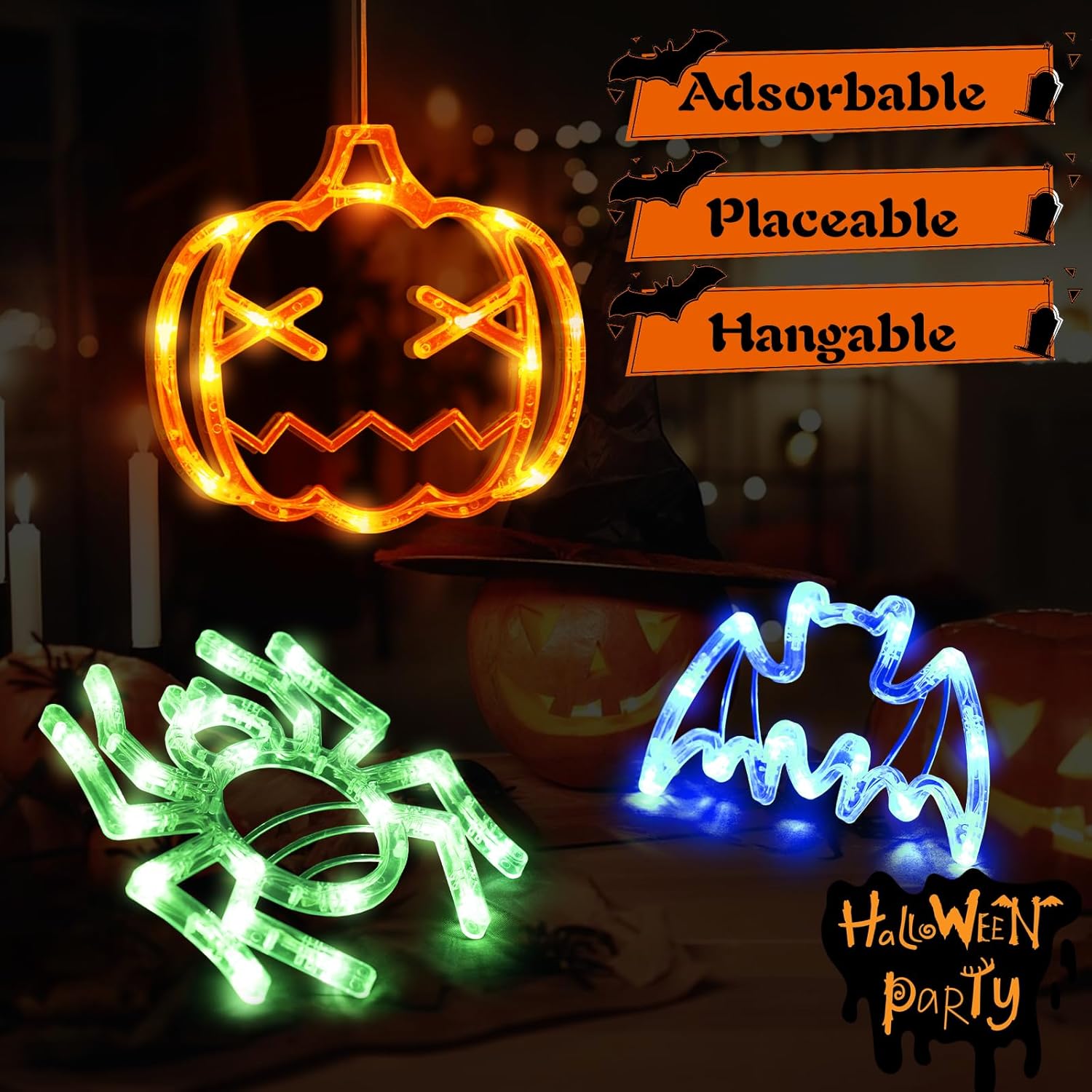 Luces de Halloween para ventana de Halloween, decoración de interiores de calabaza, araña y murciélago, decoración de pared al aire libre, funciona