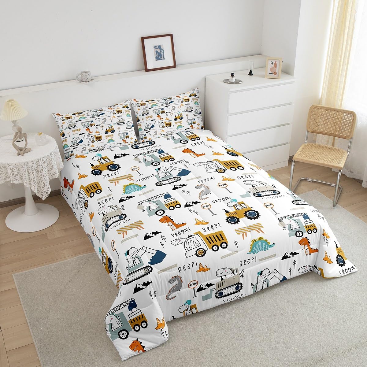 Feelyou Juego de ropa de cama de construcción, tamaño individual, con equipamiento de camiones, para niños y niñas, decoración de dinosaurios,