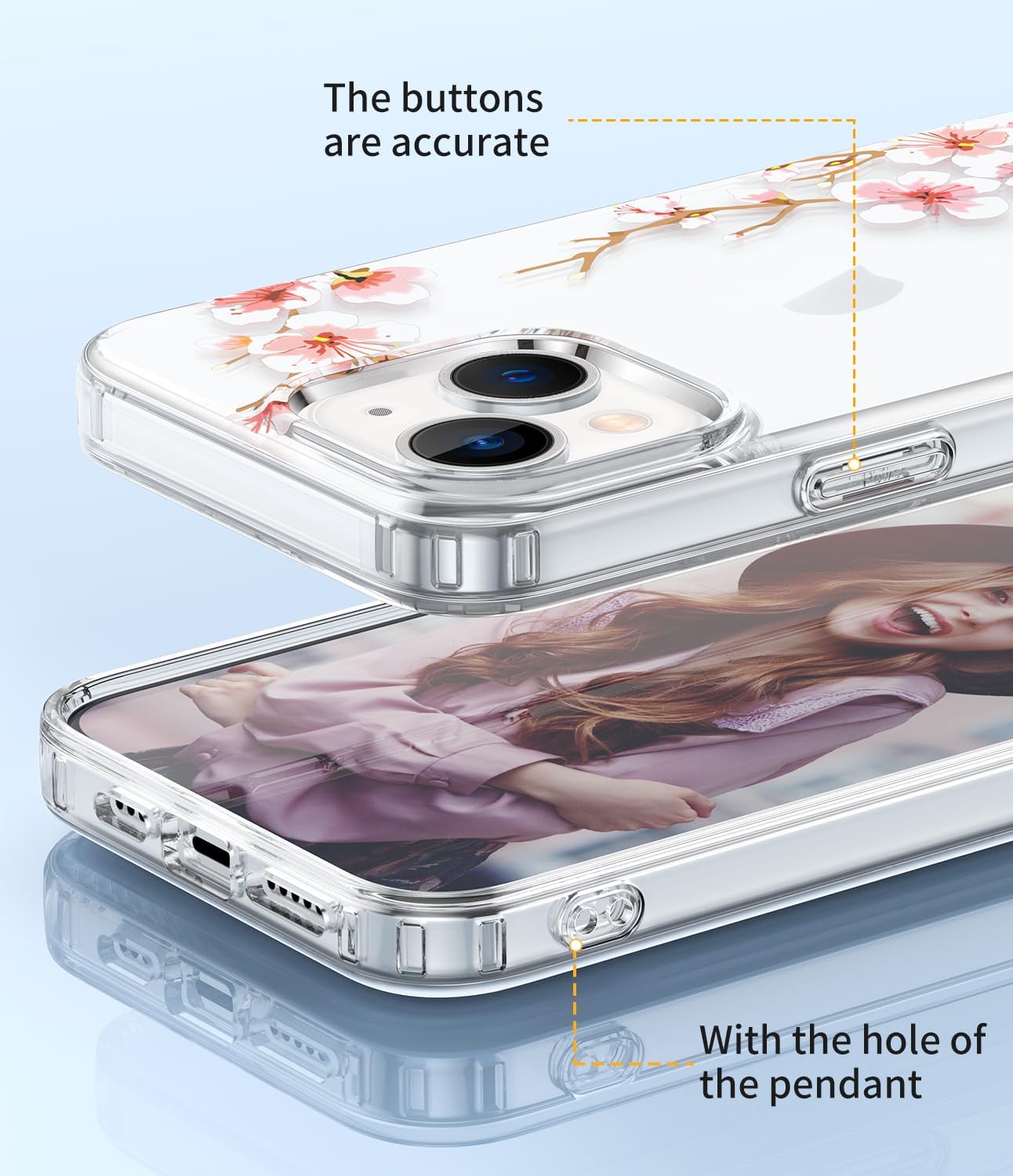 ZQWY Funda floral compatible con iPhone 15, diseño de patrón de flores transparentes, policarbonato duro + funda protectora de TPU suave para
