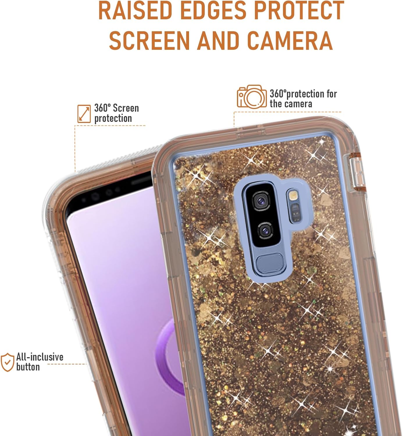 Asuwish Funda para teléfono Samsung Galaxy S9 Plus con protector de pantalla brillante líquida con purpurina transparente, híbrida, de grado