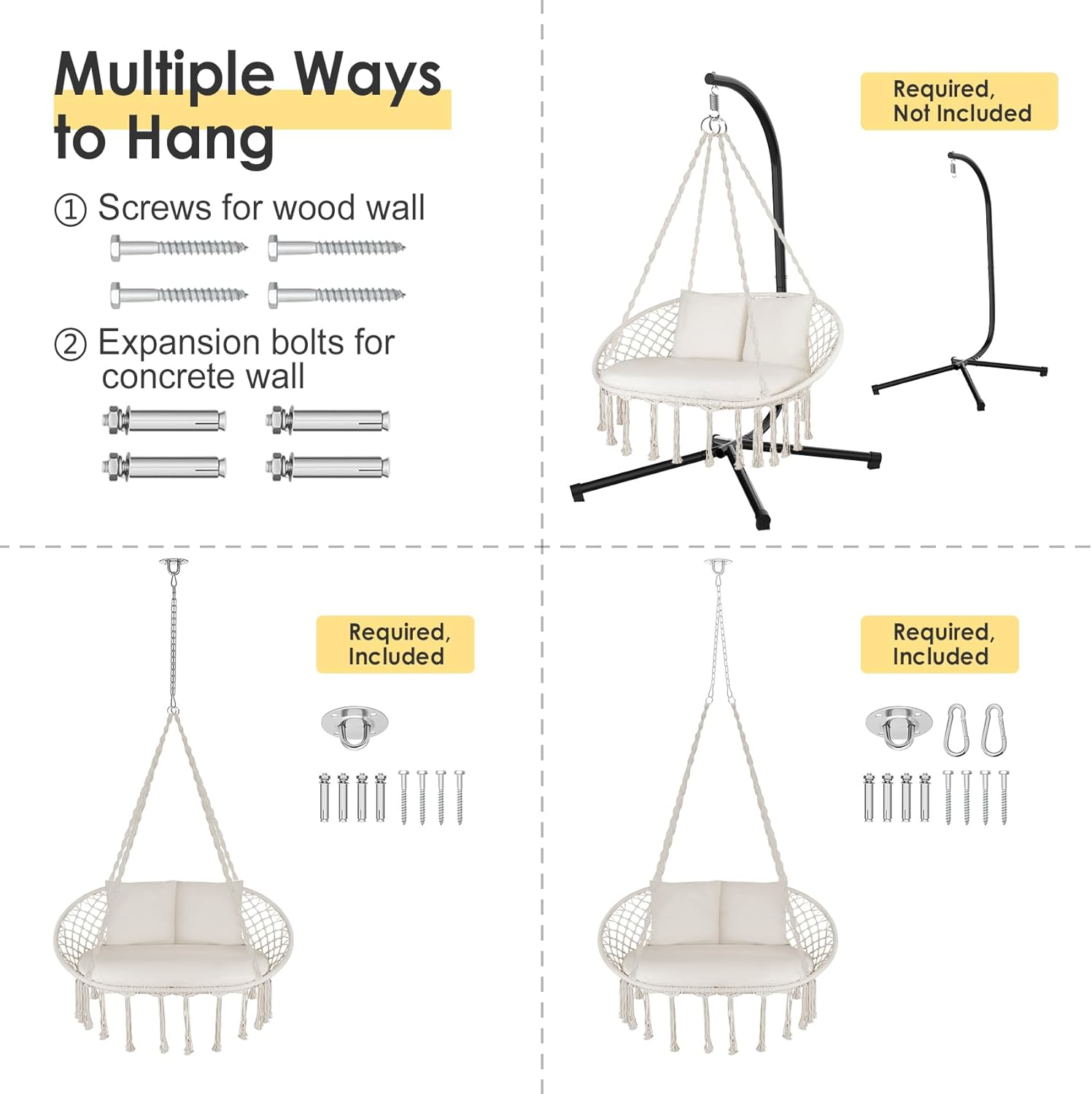 Silla oscilante doble, silla colgante grande de macramé con 3 cojines y accesorios de montaje, silla columpio tejida a mano para dormitorio, patio,