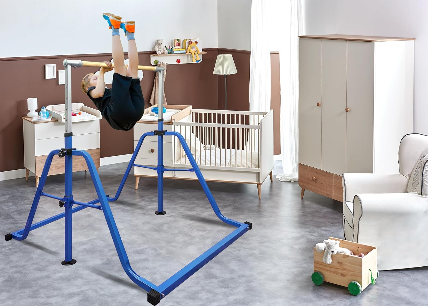 Barra horizontal de gimnasia plegable y móvil con anillos, barra de kip junior expandible de altura ajustable de 3 a 5 pies para el hogar, equipo de