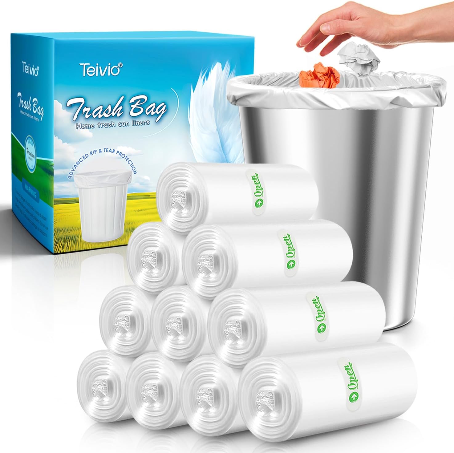 Teivio Bolsas de basura fuertes de 2 galones, 320 unidades, bolsas de basura para baño, bolsas de plástico pequeñas para el hogar, oficina, cocina,