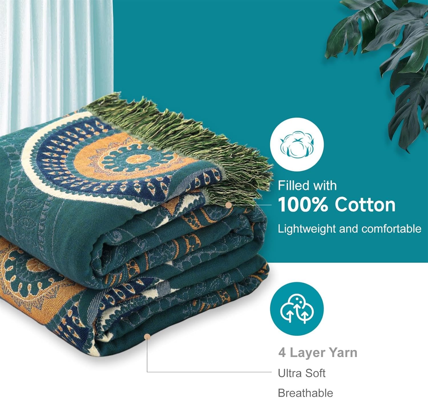 Manta bohemia para cama, 100 % algodón, edredón rústico ultra suave, decoración de granja, manta rústica para todas las estaciones para sofá, silla