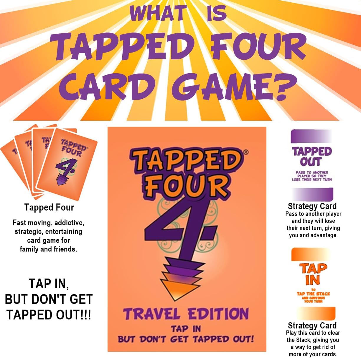 Juego de cartas Tapped Four Travel Edition – 2 a 6 jugadores – Tarjetas extra TAP – Estrategia, suerte, risa, diversión – Familia y amigos