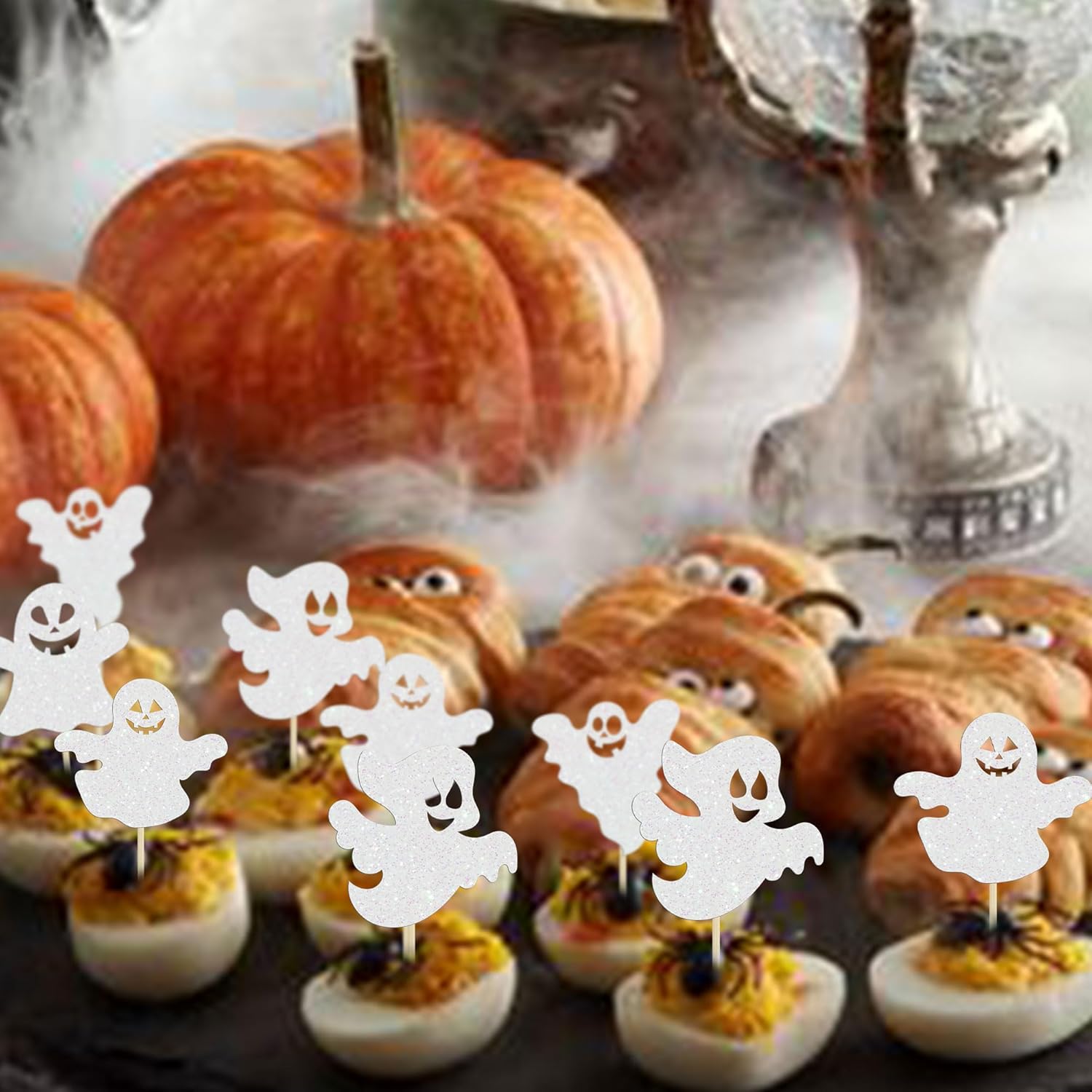 Gyufise 24 adornos de Halloween para cupcakes de fantasma, purpurina blanca, espeluznante, Halloween, baby shower, decoración para Halloween,