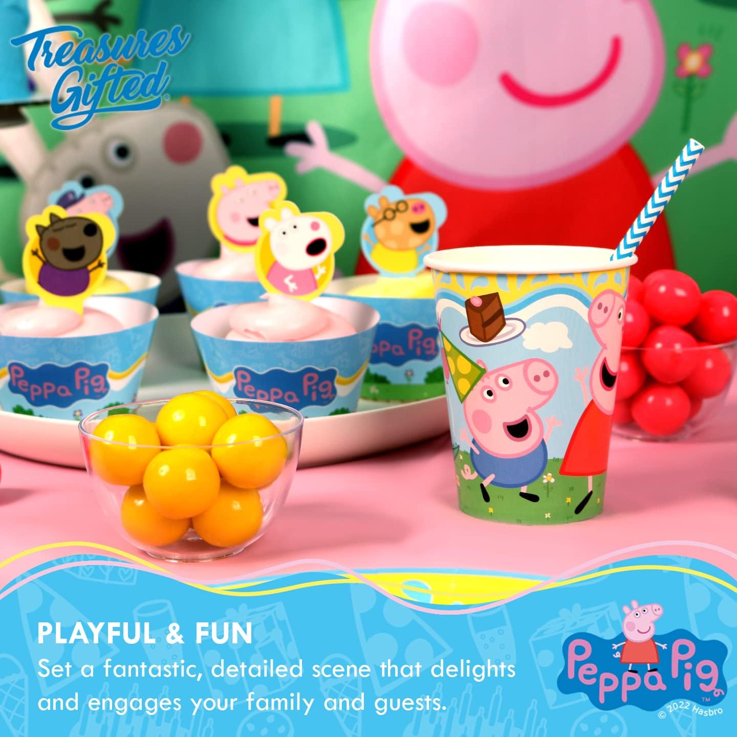 Treasures Gifted Suministros para fiesta de cumpleaños con licencia oficial de Peppa Pig, sirve para 24 invitados, juego clásico de vajilla –