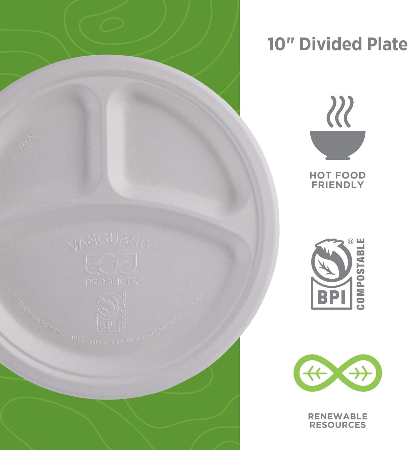 ECO PRODUCTS Vanguard – Platos de papel compostables de 3 compartimentos de 10 pulgadas, caja de 500, fibra moldeada blanca desechable, redondos,
