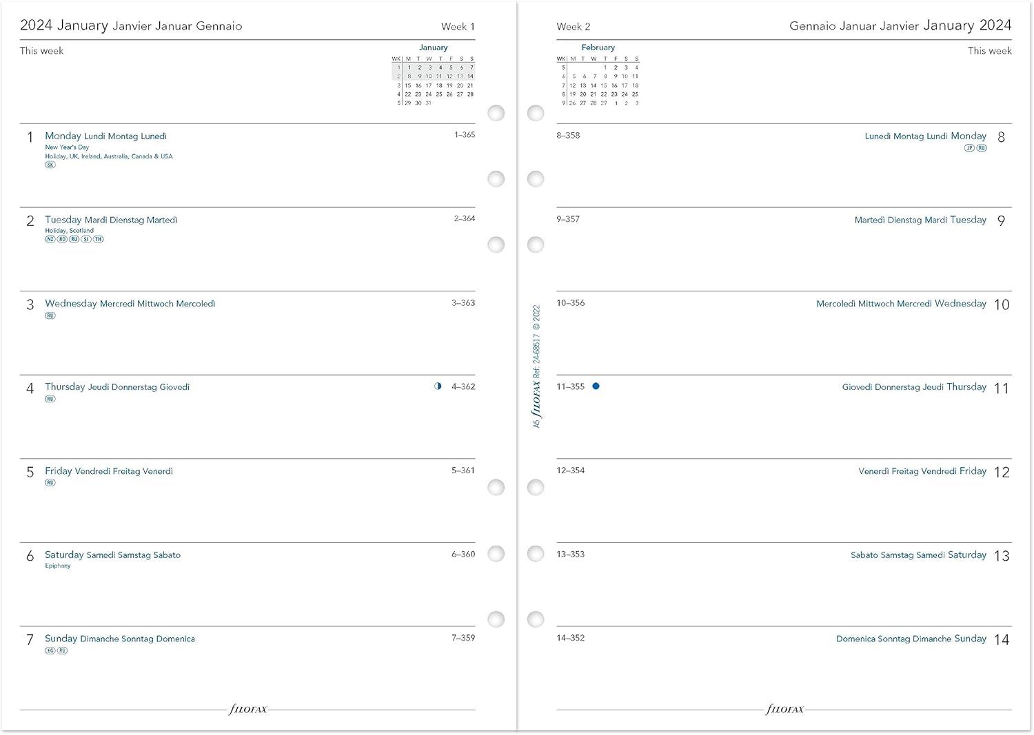 Filofax Recambio de diario para calendario, tamaño A5, semana en una página, libro blanco, sin rayas, multilingüe cuatro idiomas, 2024 (C68517-24)