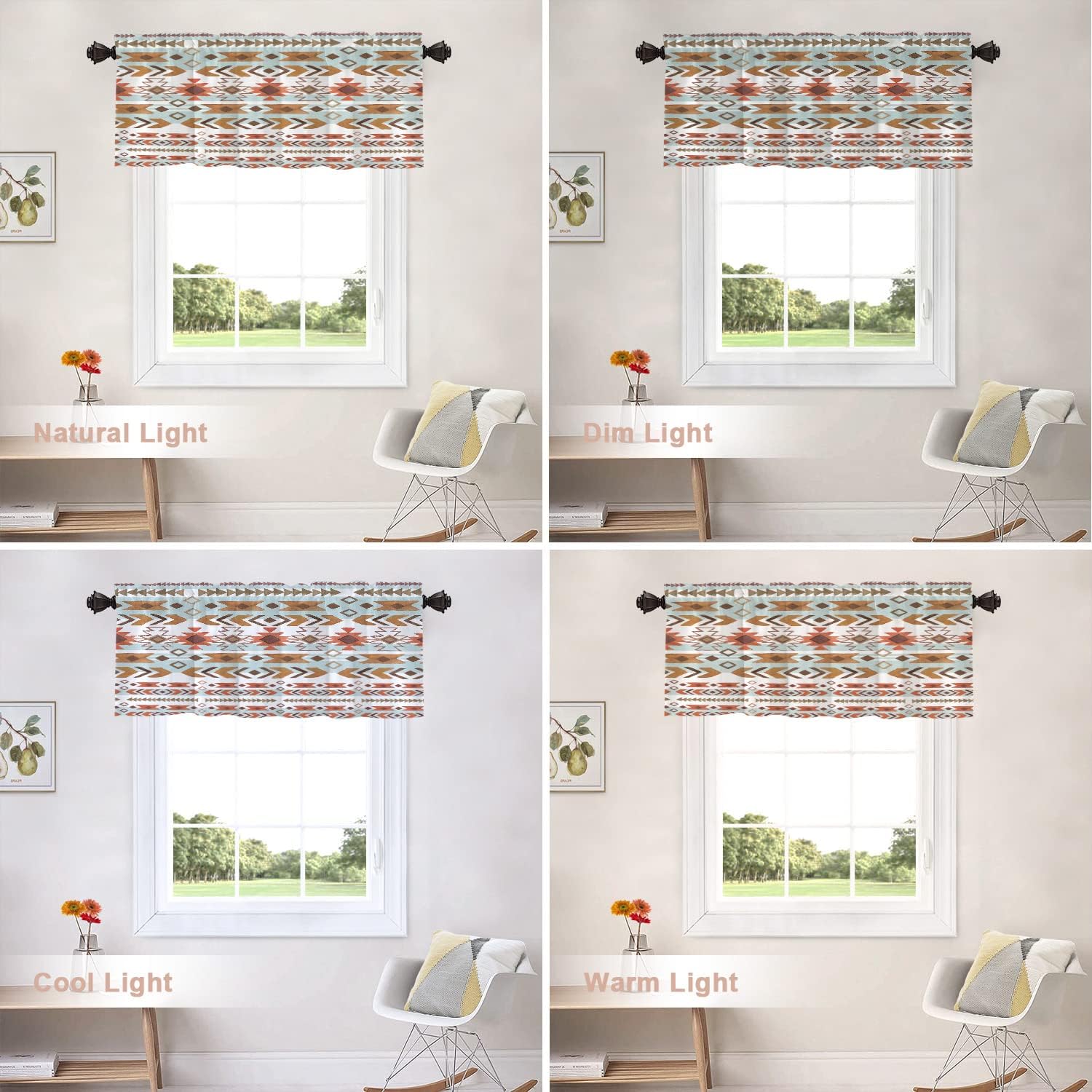 Shrahala Cenefas de cocina con decoración navajo bohemia, color azul y naranja, étnico bohotrial, cortina de media ventana, tratamiento de ventana