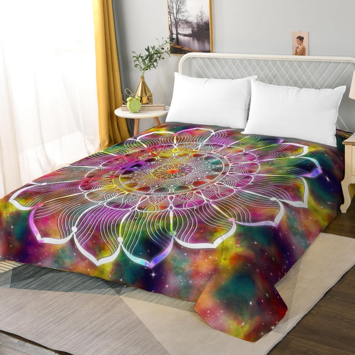 BlessLiving Sábana encimera bohemia de mandala abstracta  Sábana superior de microfibra cepillada de 1800 hilos  Galaxy bohemio  Ultra suave