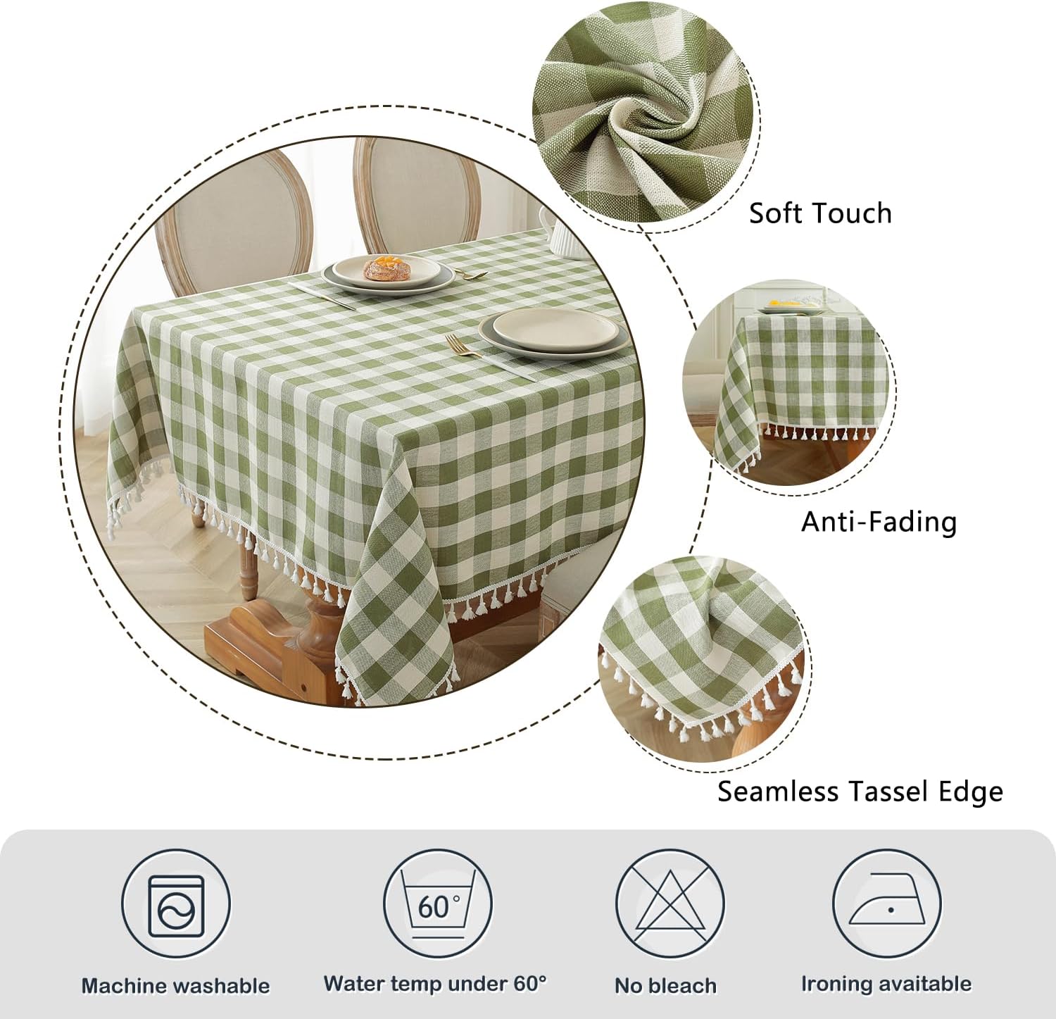 Laolitou Mantel rectangular lavable resistente a cuadros con borlas, algodón y lino, para primavera, picnic, cocina, comedor, verde, 70 pulgadas