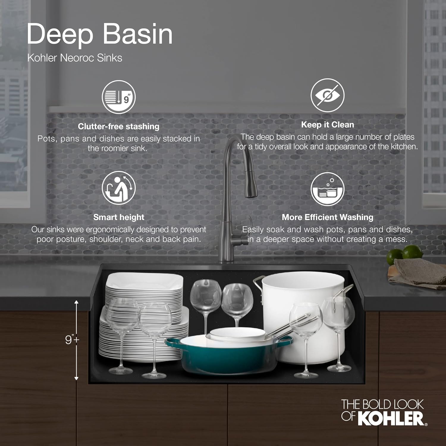 KOHLER Neoroc – Fregadero de cocina de doble tazón de montaje inferior, fregadero compuesto con división inteligente, cuenco de doble desplazamiento