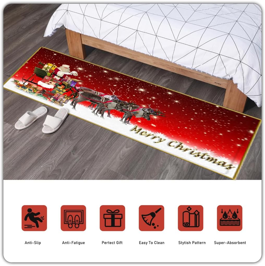 Alfombra de Navidad de 23 x 70 pulgadas, antideslizante, lavable, tapete decorativo de Navidad para sala de estar, dormitorio, baño, lavandería,