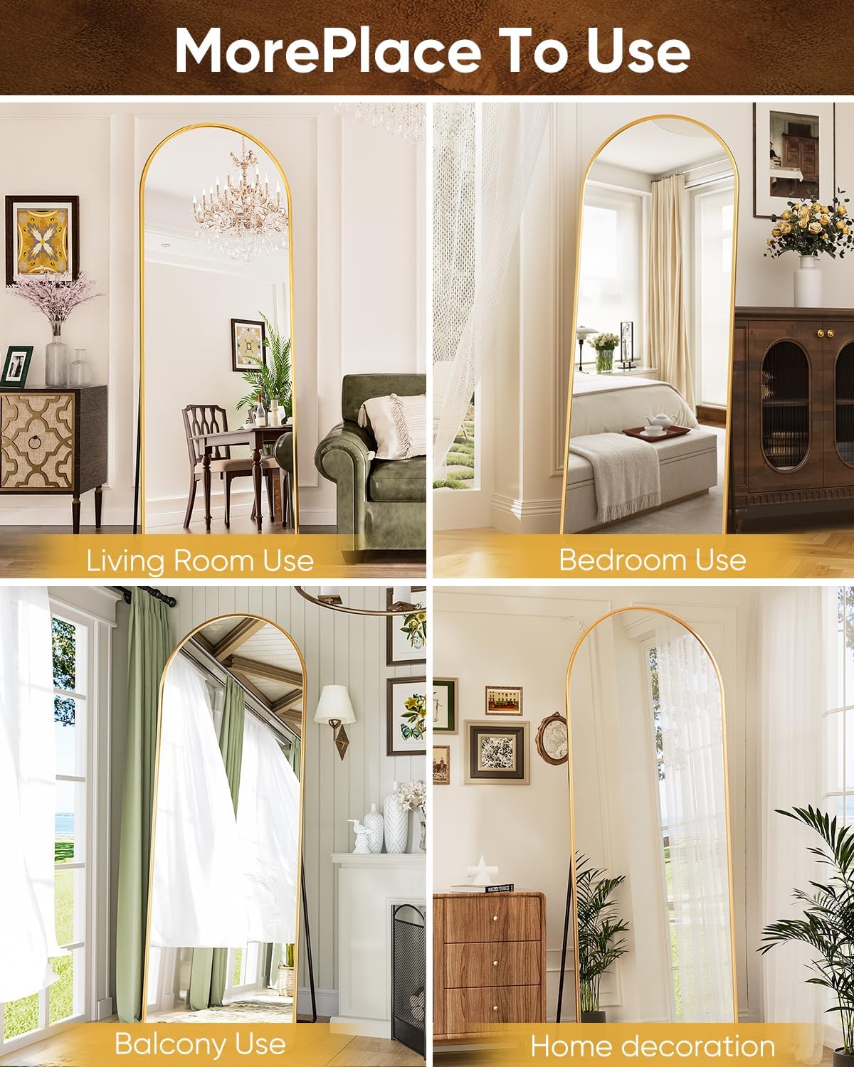 Espejo de suelo de 66 x 23 pulgadas, espejo de longitud completa con soporte, espejo de pared arqueado, espejo de longitud completa, espejo de piso